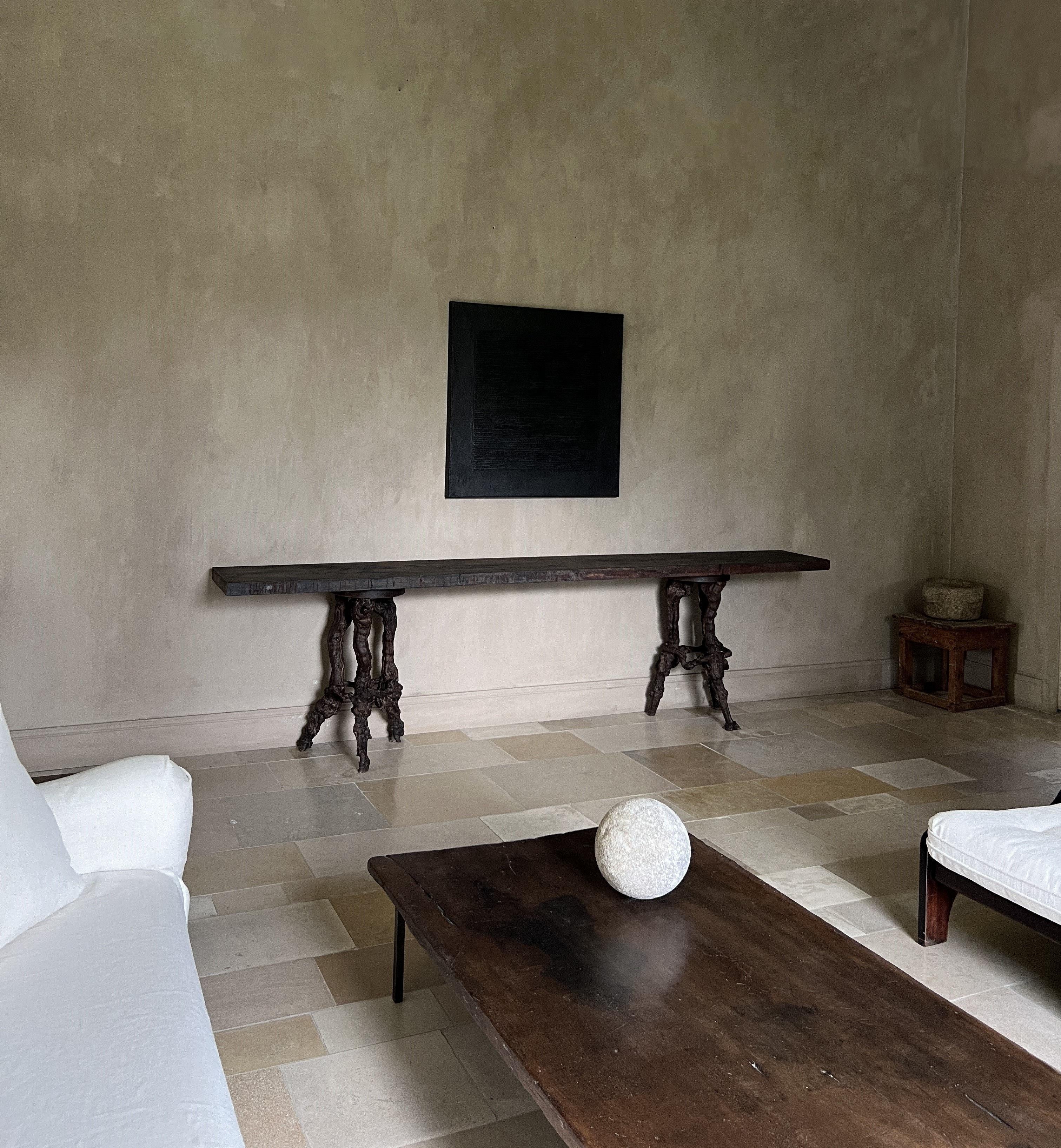 Elm Large primitive organic Console Side Table with reclaimed Top and Bases