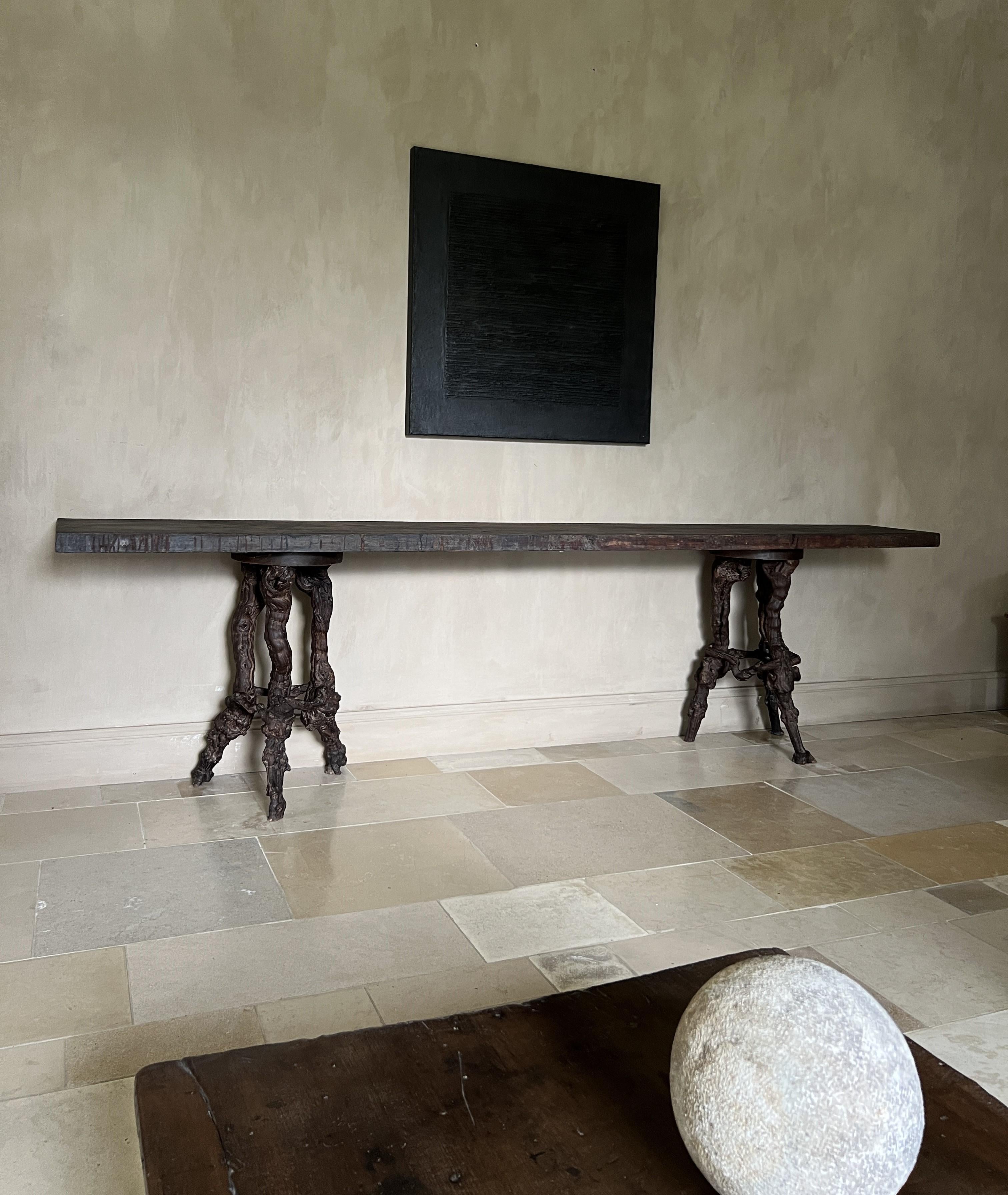 Large primitive organic Console Side Table with reclaimed Top and Bases 1