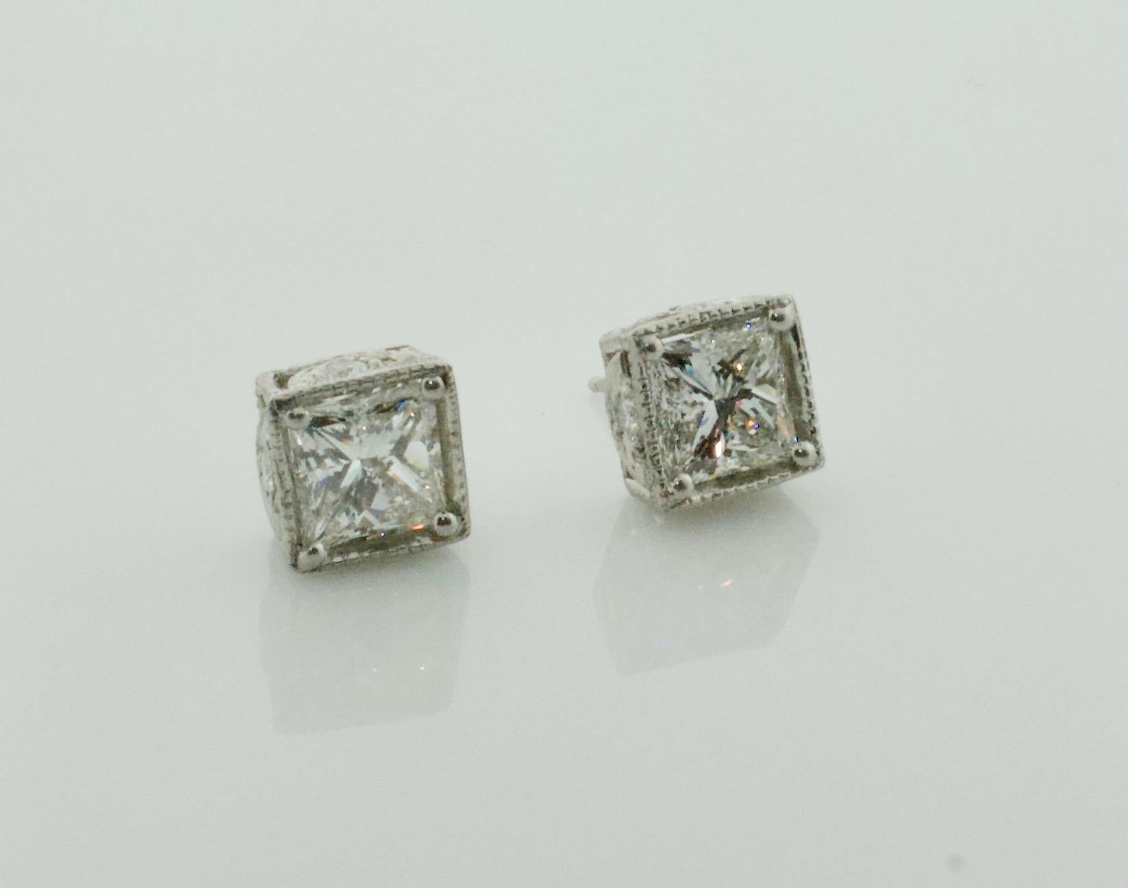 Large Princess Cut Diamond Stud Earrings in Platinum 5.10 Carat H-I SI1 GIA 3