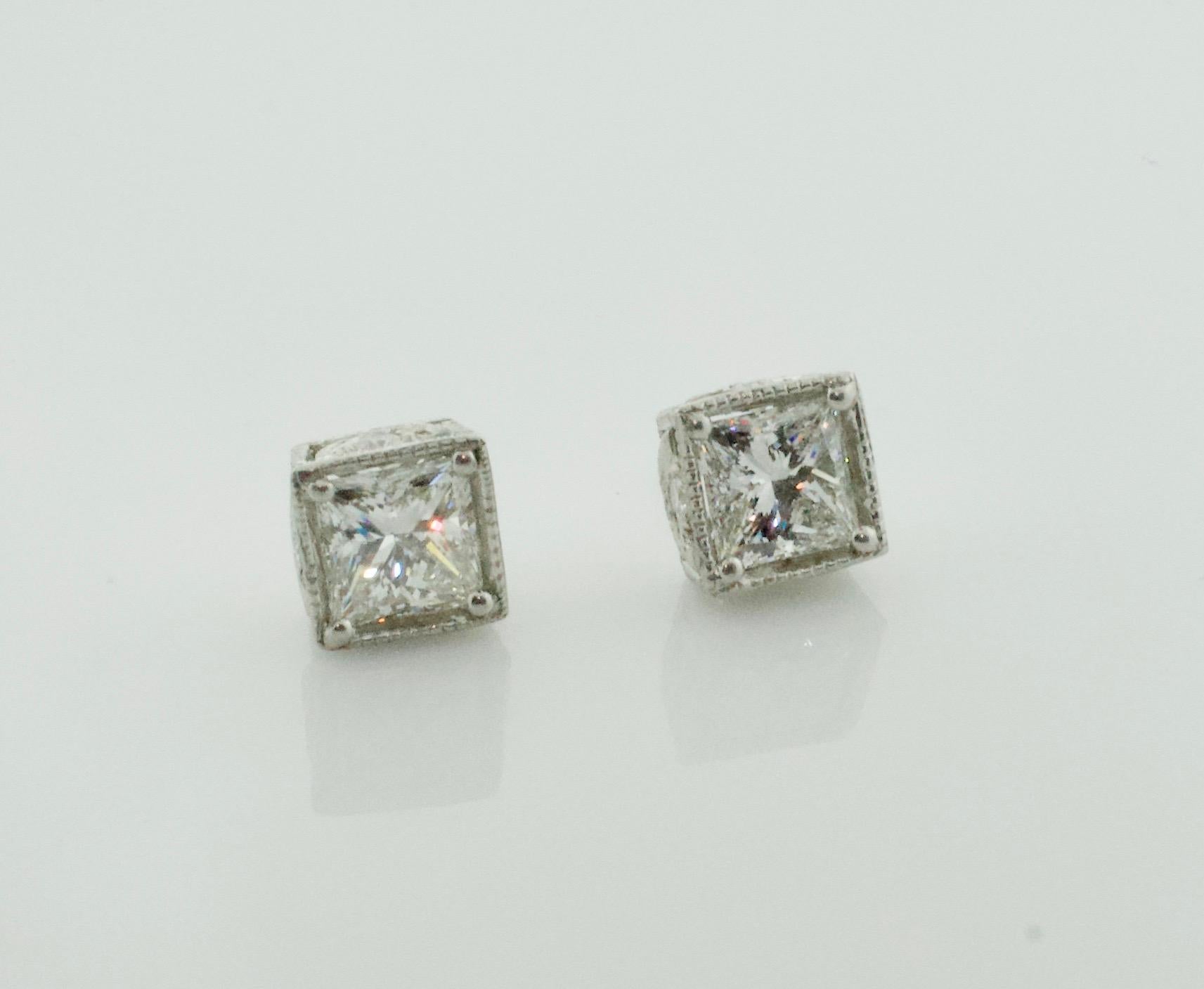 Large Princess Cut Diamond Stud Earrings in Platinum 5.10 Carat H-I SI1 GIA 4