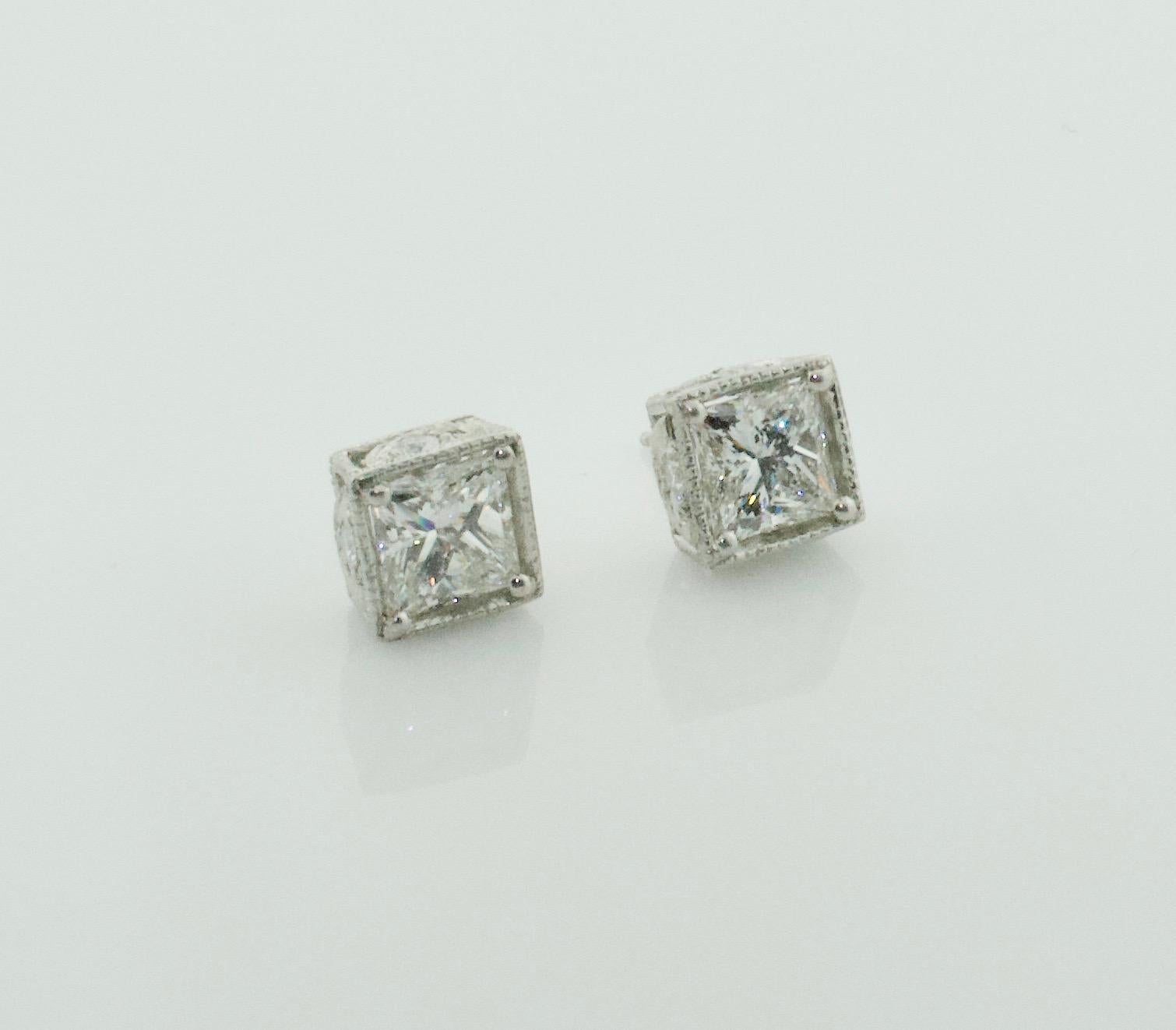 Large Princess Cut Diamond Stud Earrings in Platinum 5.10 Carat H-I SI1 GIA 5