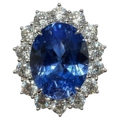 Large Princess Diana Blue Sapphire 14.74ct Ceylon Diamond Ring 18K White Gold