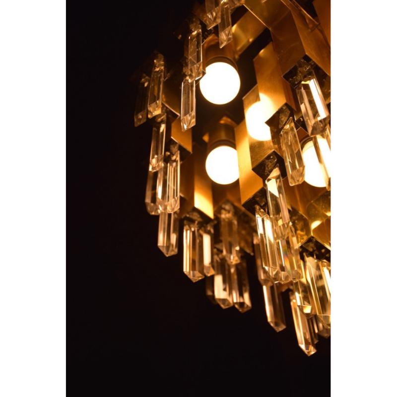 Large Prismatic Crystal Chandelier in Golden Brass from Bd Lumica, 1970s For Sale 6