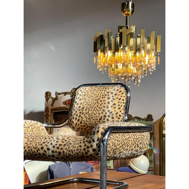 Large Prismatic Crystal Chandelier in Golden Brass from Bd Lumica, 1970s For Sale 12