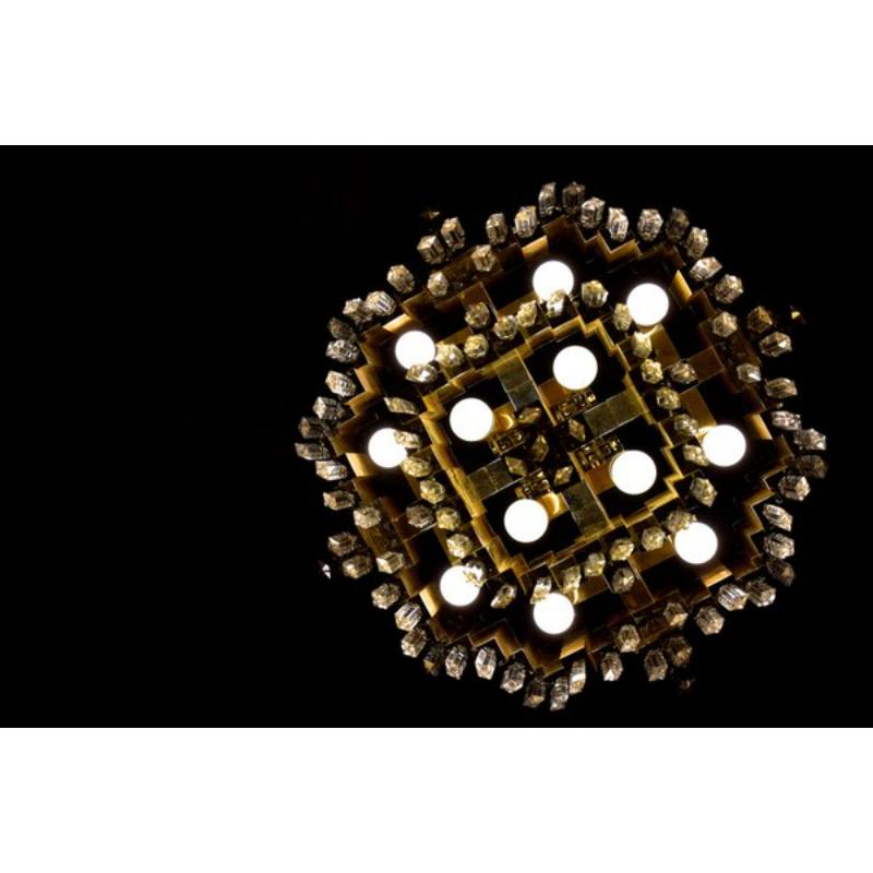 Spanish Large Prismatic Crystal Chandelier in Golden Brass from Bd Lumica, 1970s For Sale