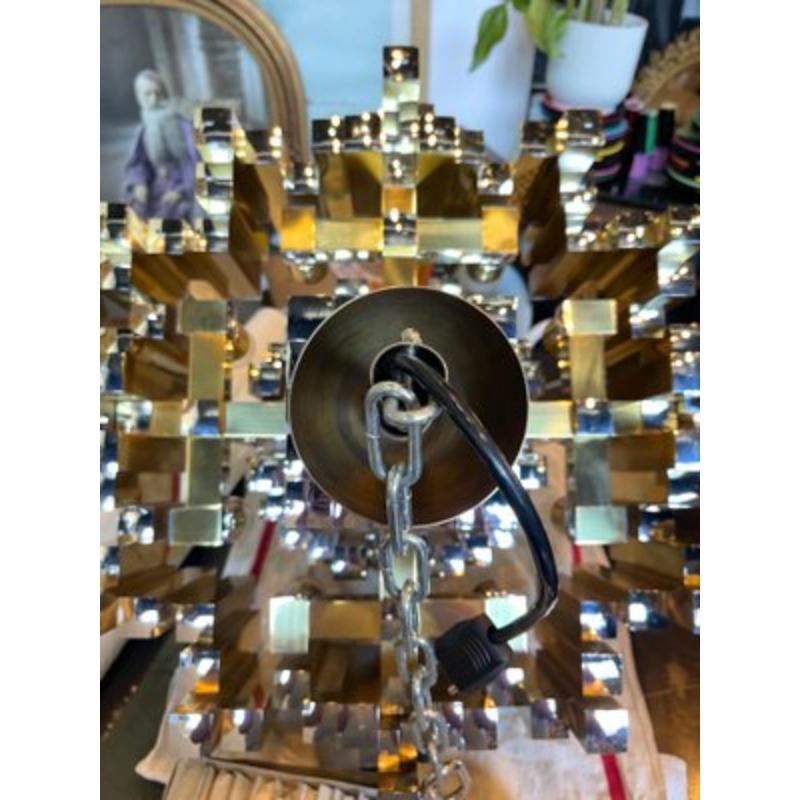 Large Prismatic Crystal Chandelier in Golden Brass from Bd Lumica, 1970s In Excellent Condition For Sale In Andrézieux-Bouthéon, FR