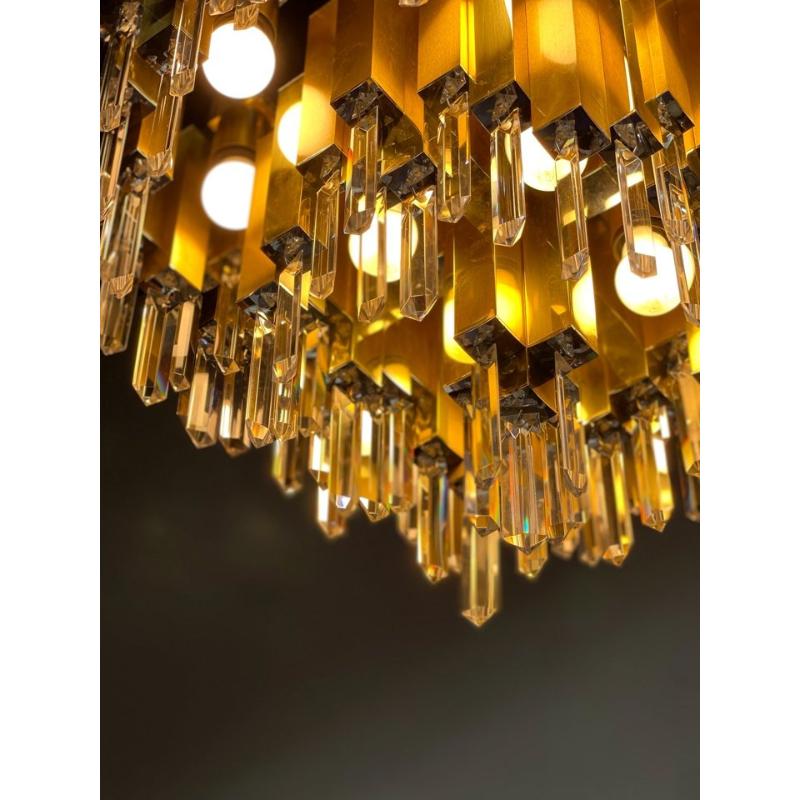 20th Century Large Prismatic Crystal Chandelier in Golden Brass from Bd Lumica, 1970s For Sale