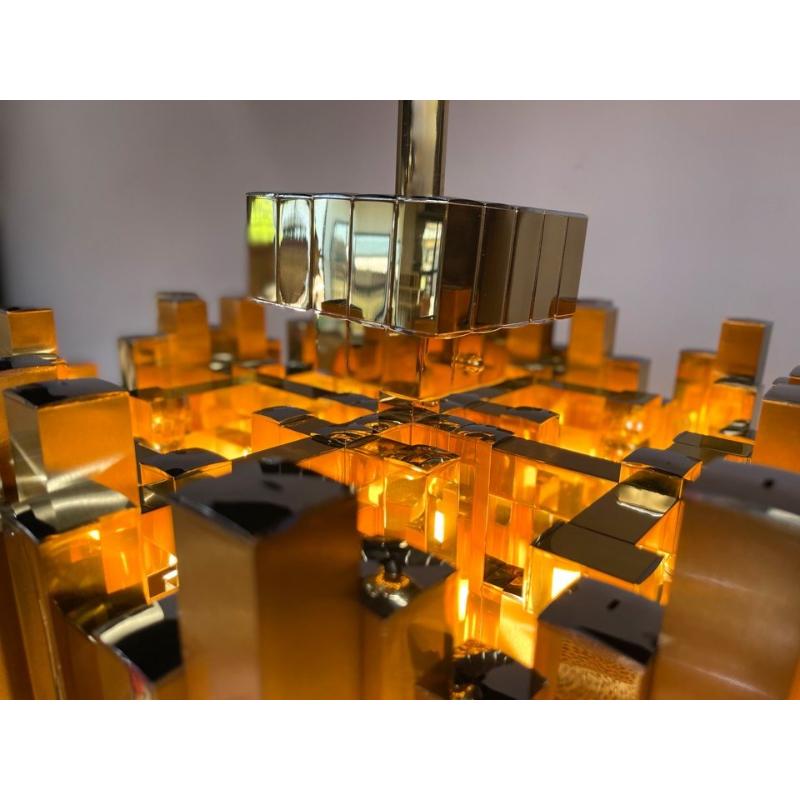 Large Prismatic Crystal Chandelier in Golden Brass from Bd Lumica, 1970s For Sale 1