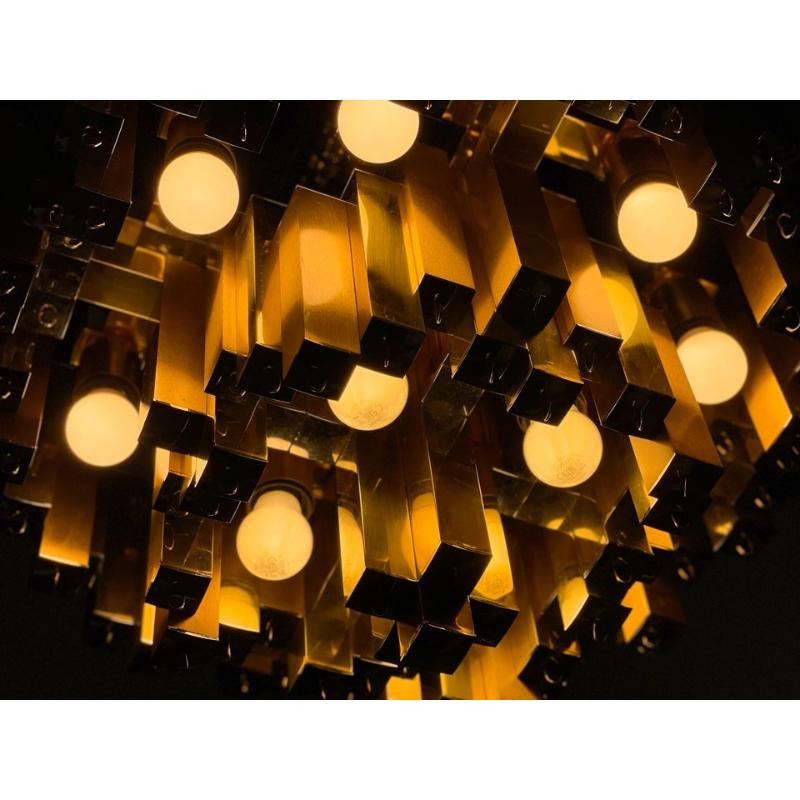 Large Prismatic Crystal Chandelier in Golden Brass from Bd Lumica, 1970s For Sale 2
