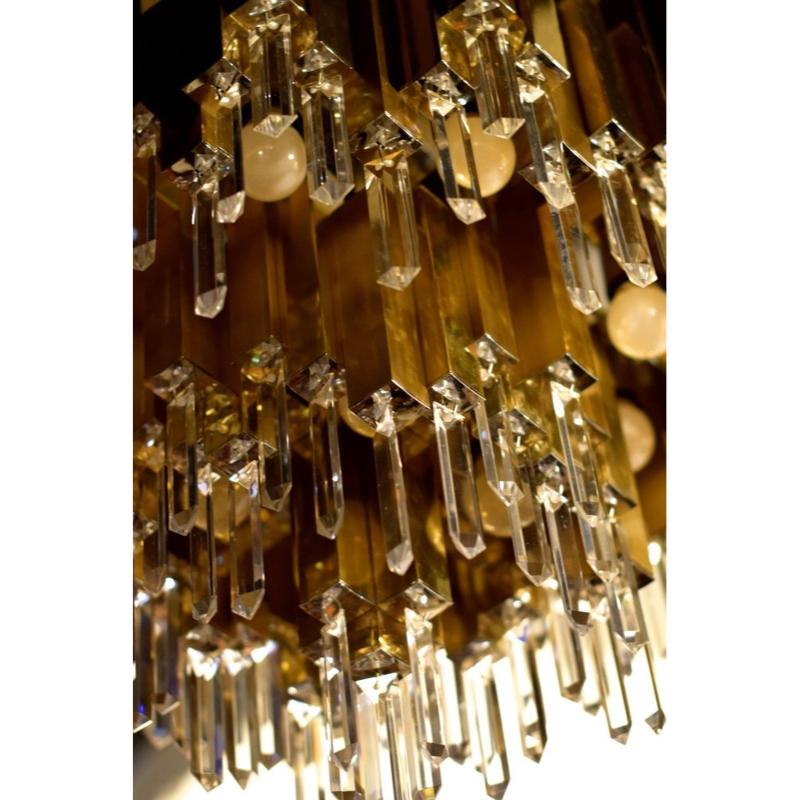 Large Prismatic Crystal Chandelier in Golden Brass from Bd Lumica, 1970s For Sale 4