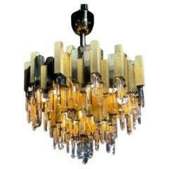 Vintage Large Prismatic Crystal Chandelier in Golden Brass from Bd Lumica, 1970s