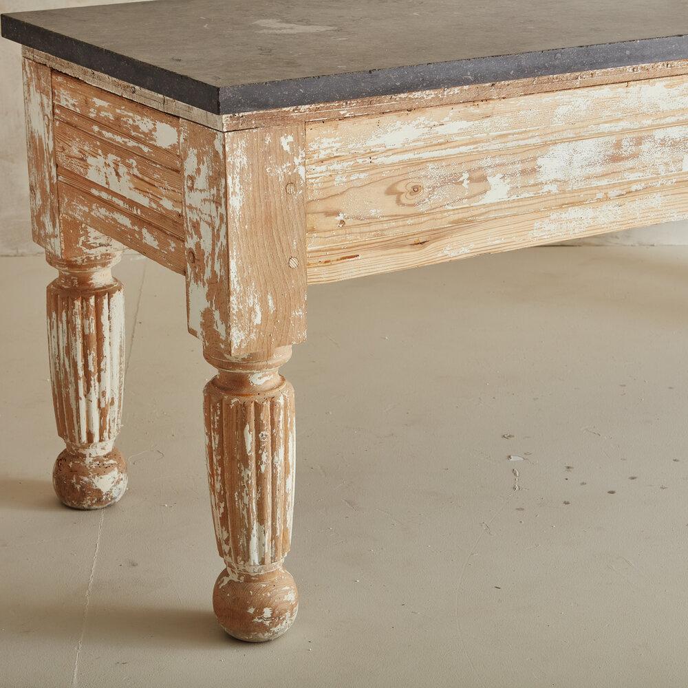Large Provincial Table with Limestone Top and Whitewashed Pine Wood Base 6