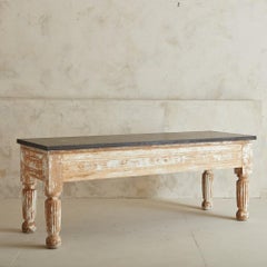 Large Provincial Table with Limestone Top and Whitewashed Pine Wood Base