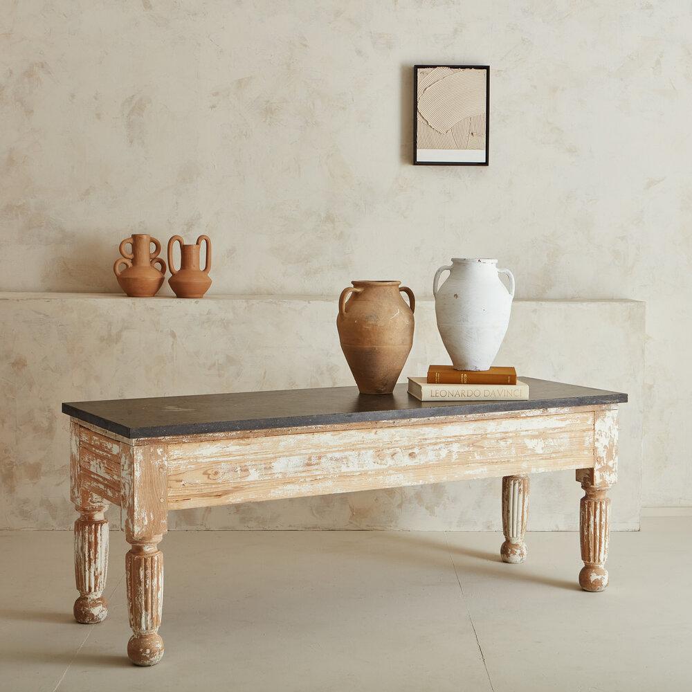 Rustic Large Provincial Table with Limestone Top and Whitewashed Pine Wood Base