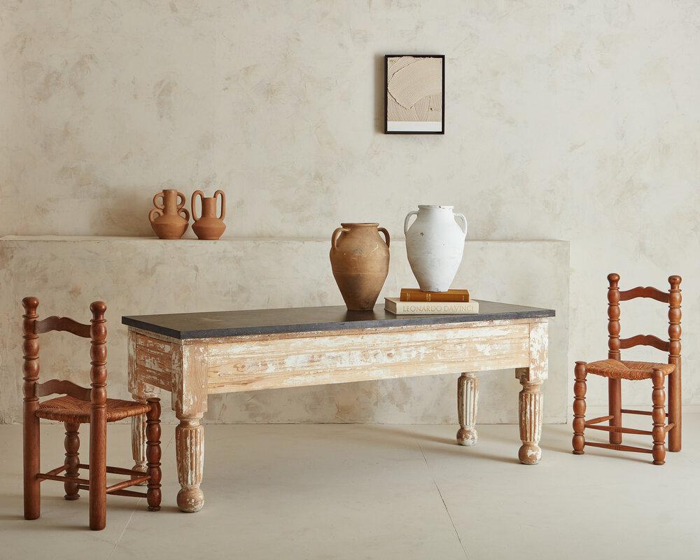 French Large Provincial Table with Limestone Top and Whitewashed Pine Wood Base