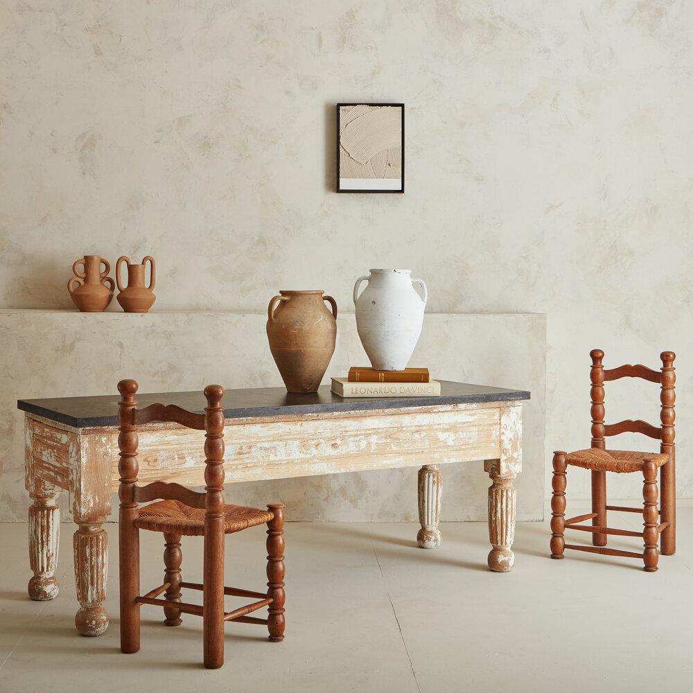 Large Provincial Table with Limestone Top and Whitewashed Pine Wood Base In Good Condition In Chicago, IL