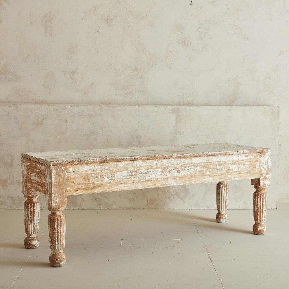 20th Century Large Provincial Table with Limestone Top and Whitewashed Pine Wood Base