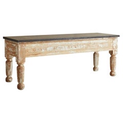Large Provincial Table with Limestone Top and Whitewashed Pine Wood Base