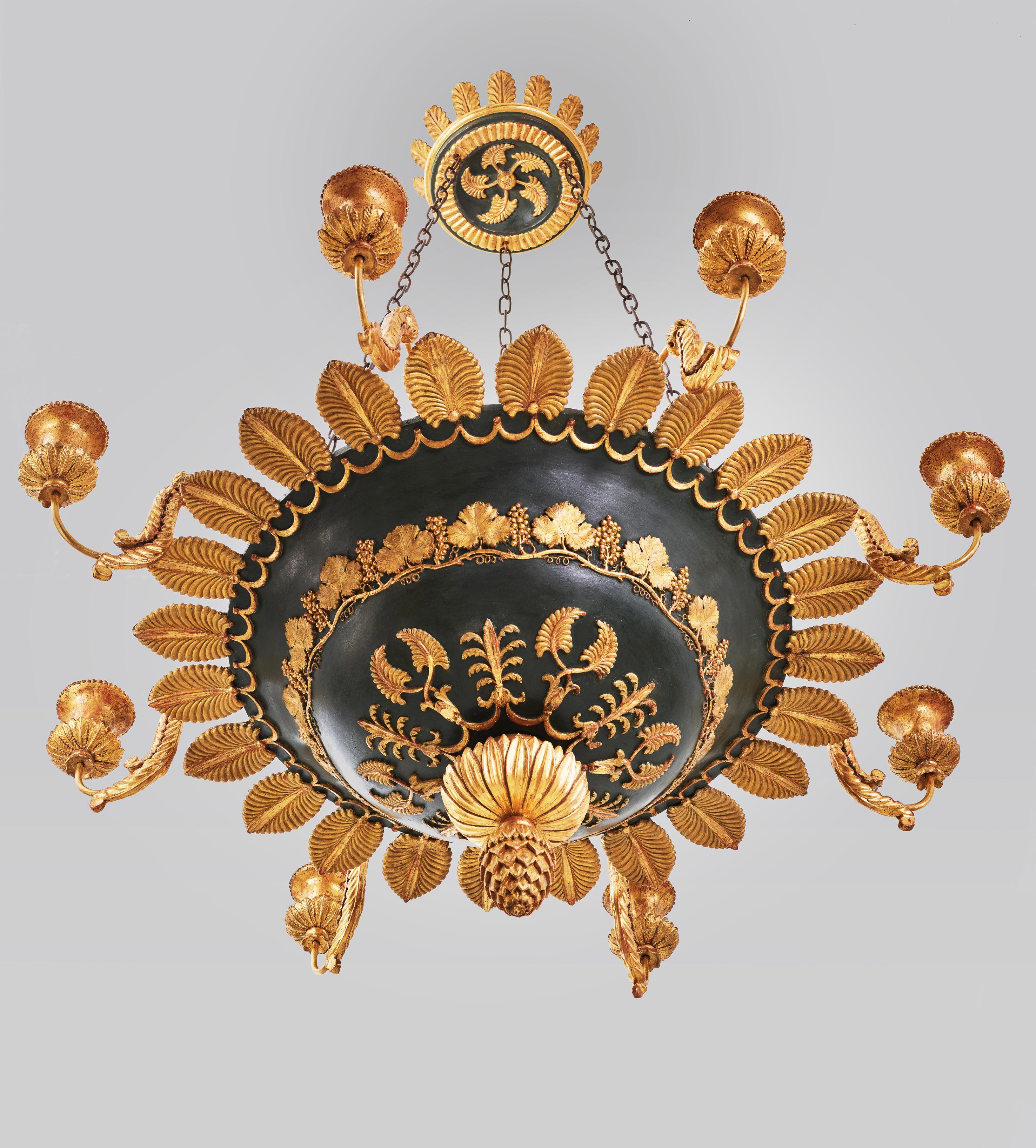 This large and spectacular German eight-light chandelier is made after the design by the famous architect Karl Friedrich Schinkel (1781-1841) in the manufactory of Schwitzky & Mencke. The circular bowl suspended by chains from a corona modelled with