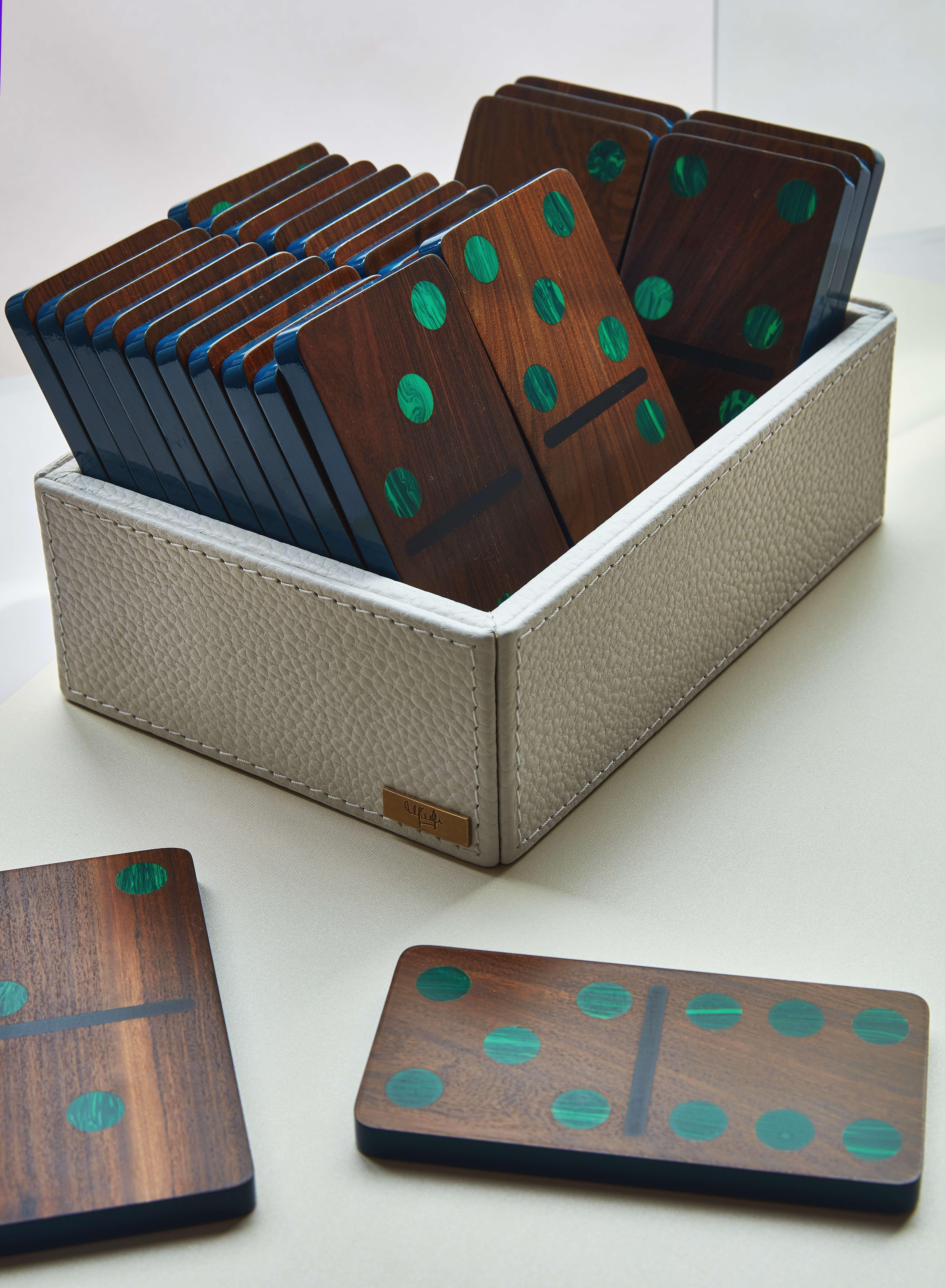 Other Marcela Cure XL Pui Wood and Malachite Domino Set - 28 Pieces in leather box For Sale