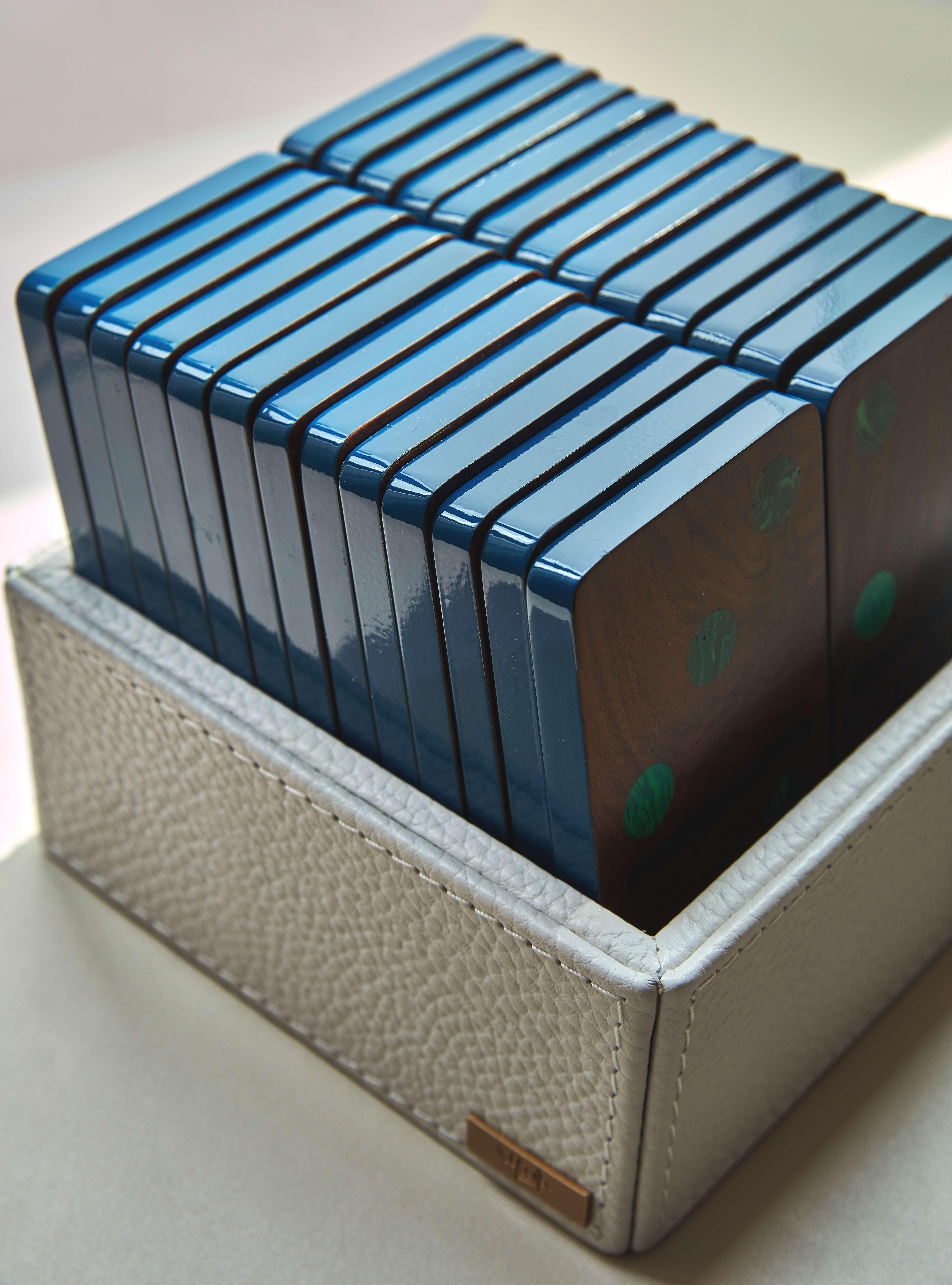 Hand-Crafted Marcela Cure XL Pui Wood and Malachite Domino Set - 28 Pieces in leather box For Sale