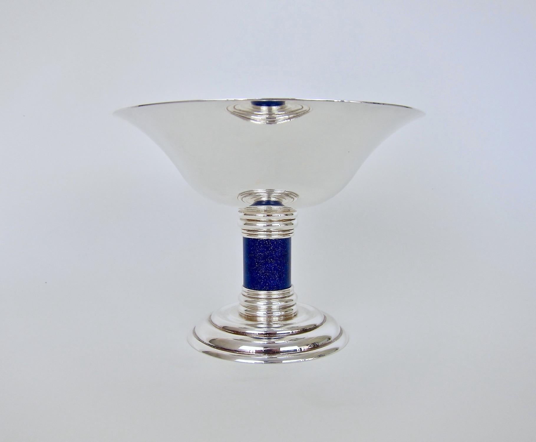 Silvered Large Puiforcat French Art Deco Flaring Compote with Faux Lapis Lazuli Stem