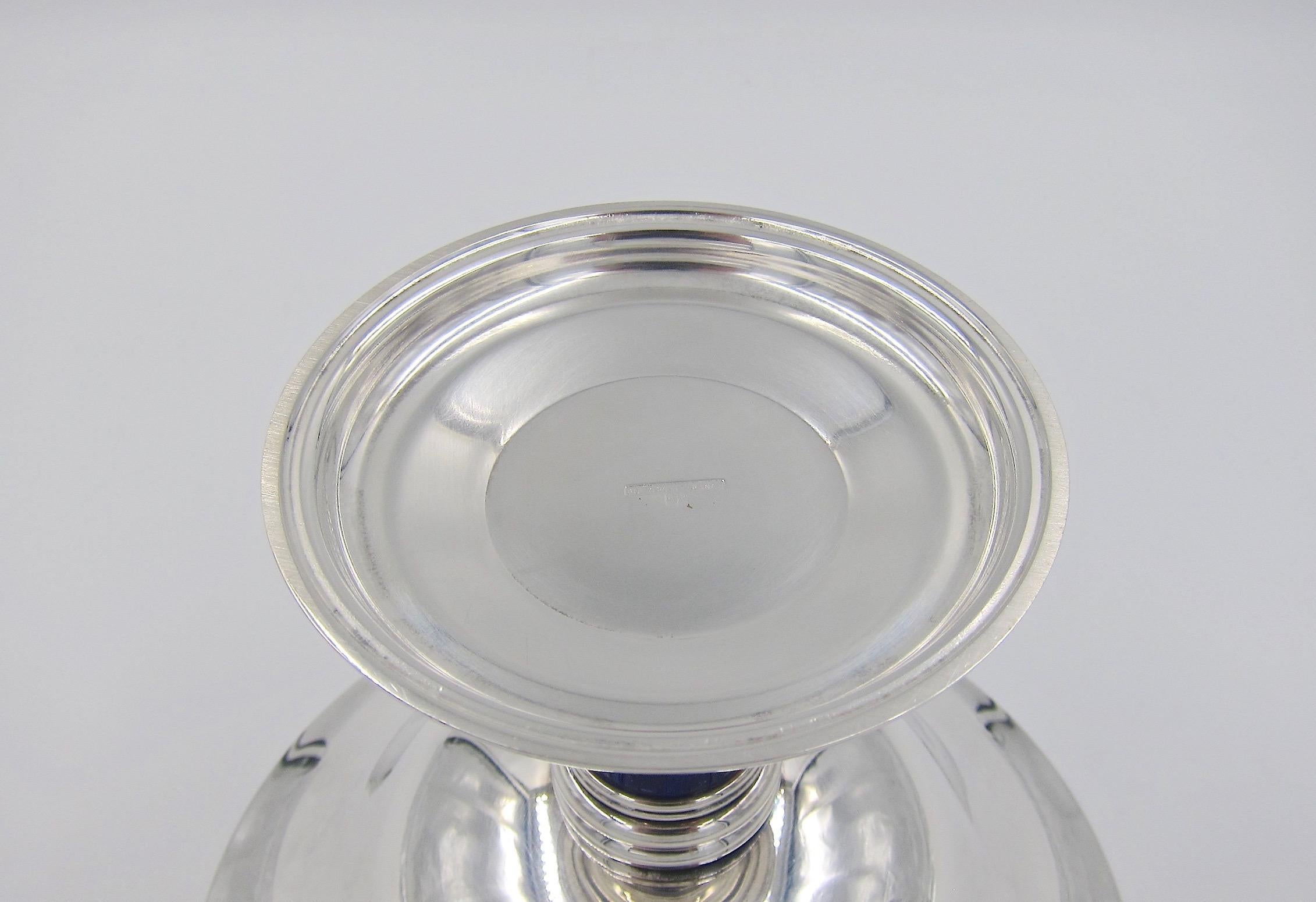 Silver Plate Large Puiforcat French Art Deco Flaring Compote with Faux Lapis Lazuli Stem