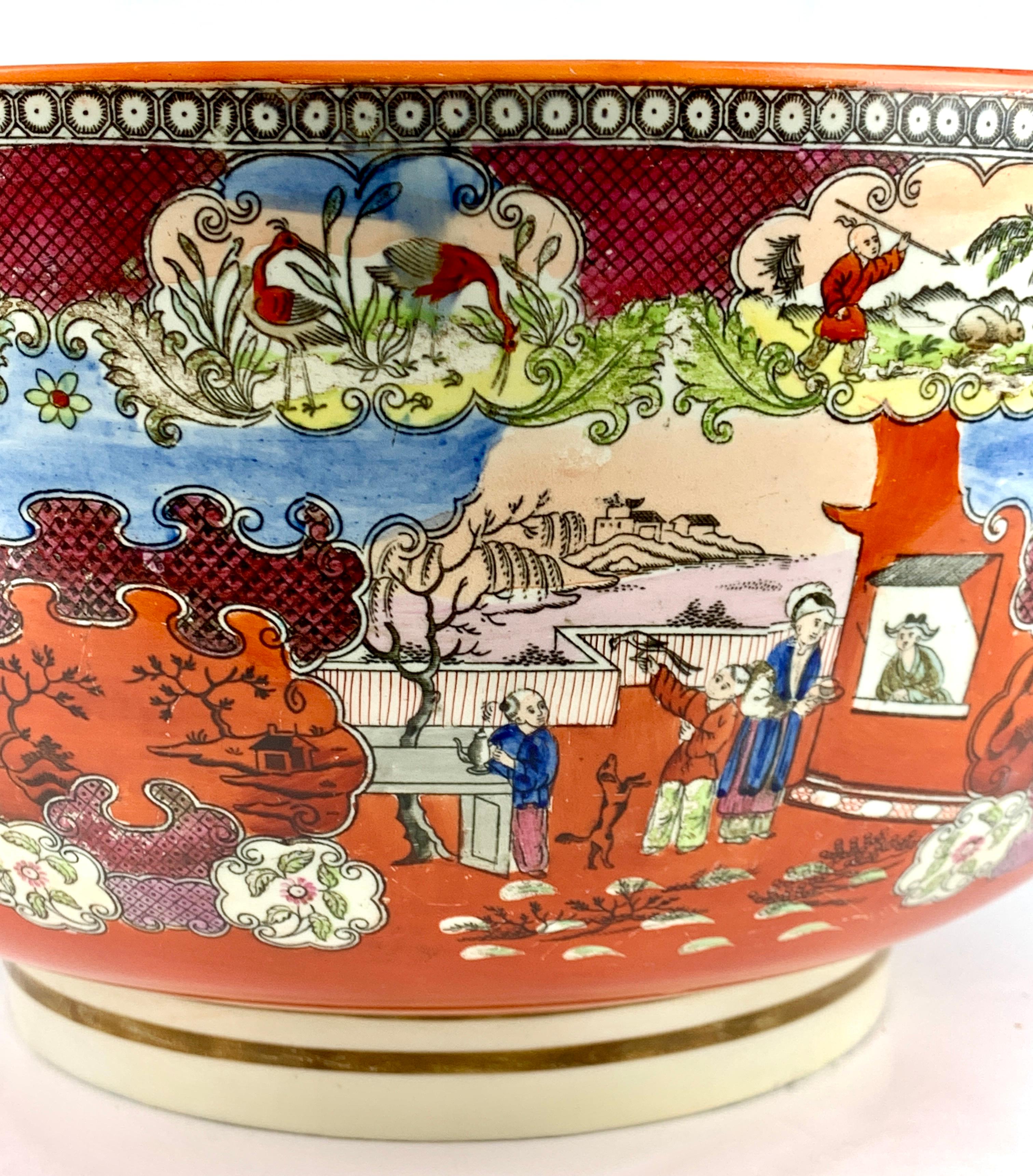 Large Punch Bowl showing Medicine Man & Boy in the Window Patterns England 1810 In Excellent Condition For Sale In Katonah, NY