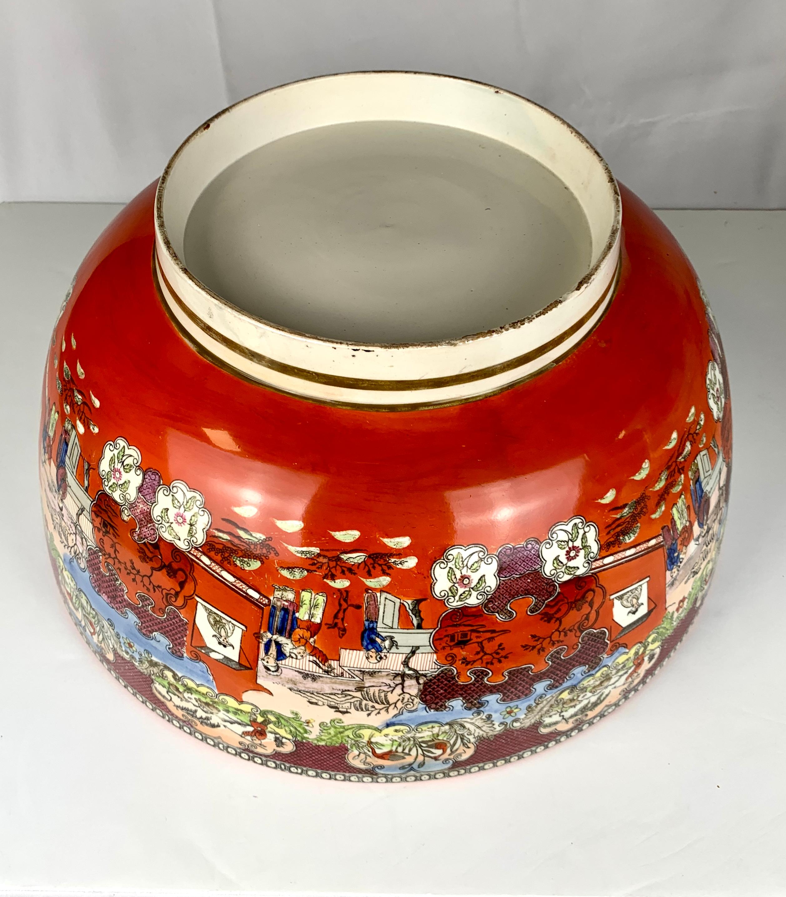 19th Century Large Punch Bowl showing Medicine Man & Boy in the Window Patterns England 1810 For Sale