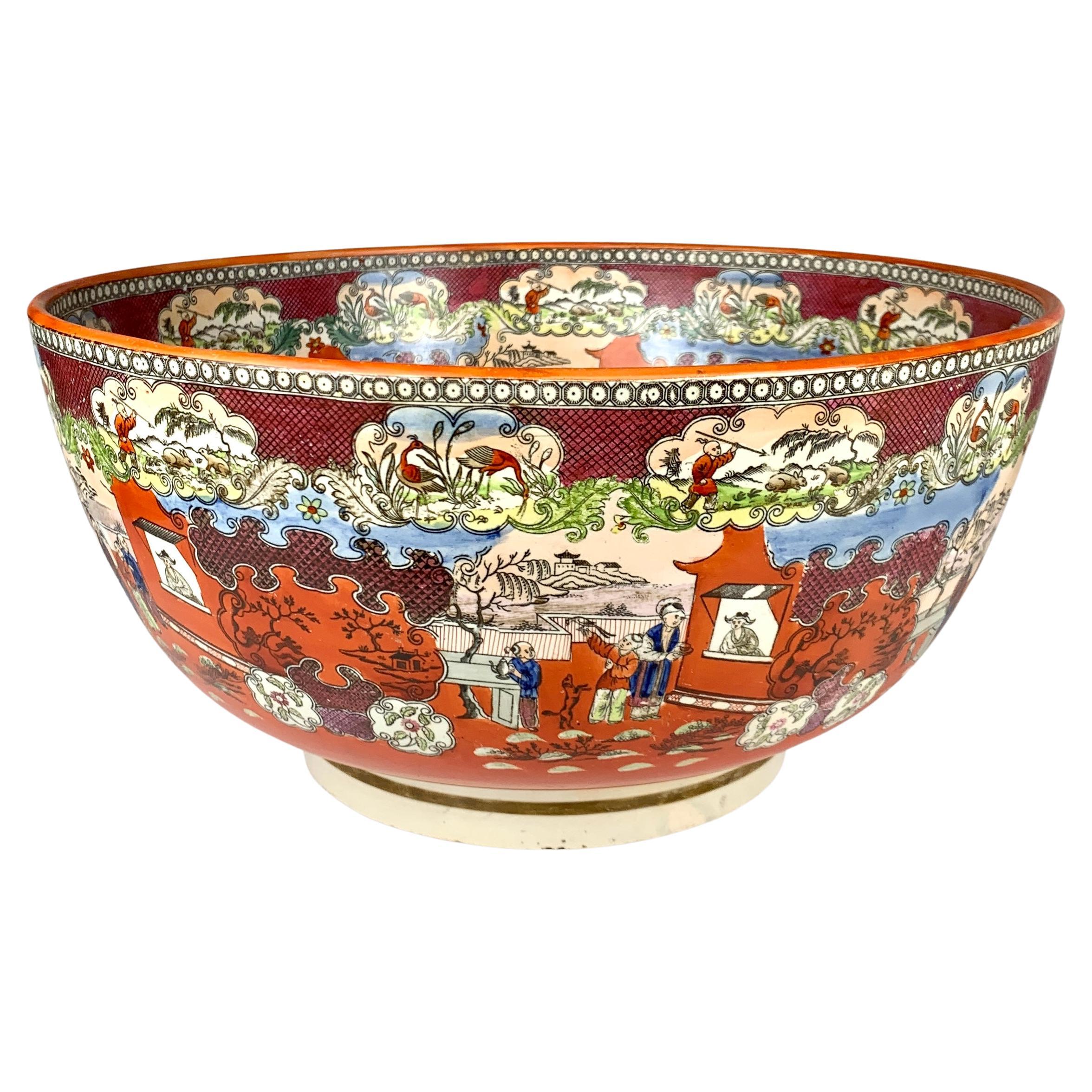 Large Punch Bowl showing Medicine Man & Boy in the Window Patterns England 1810 For Sale