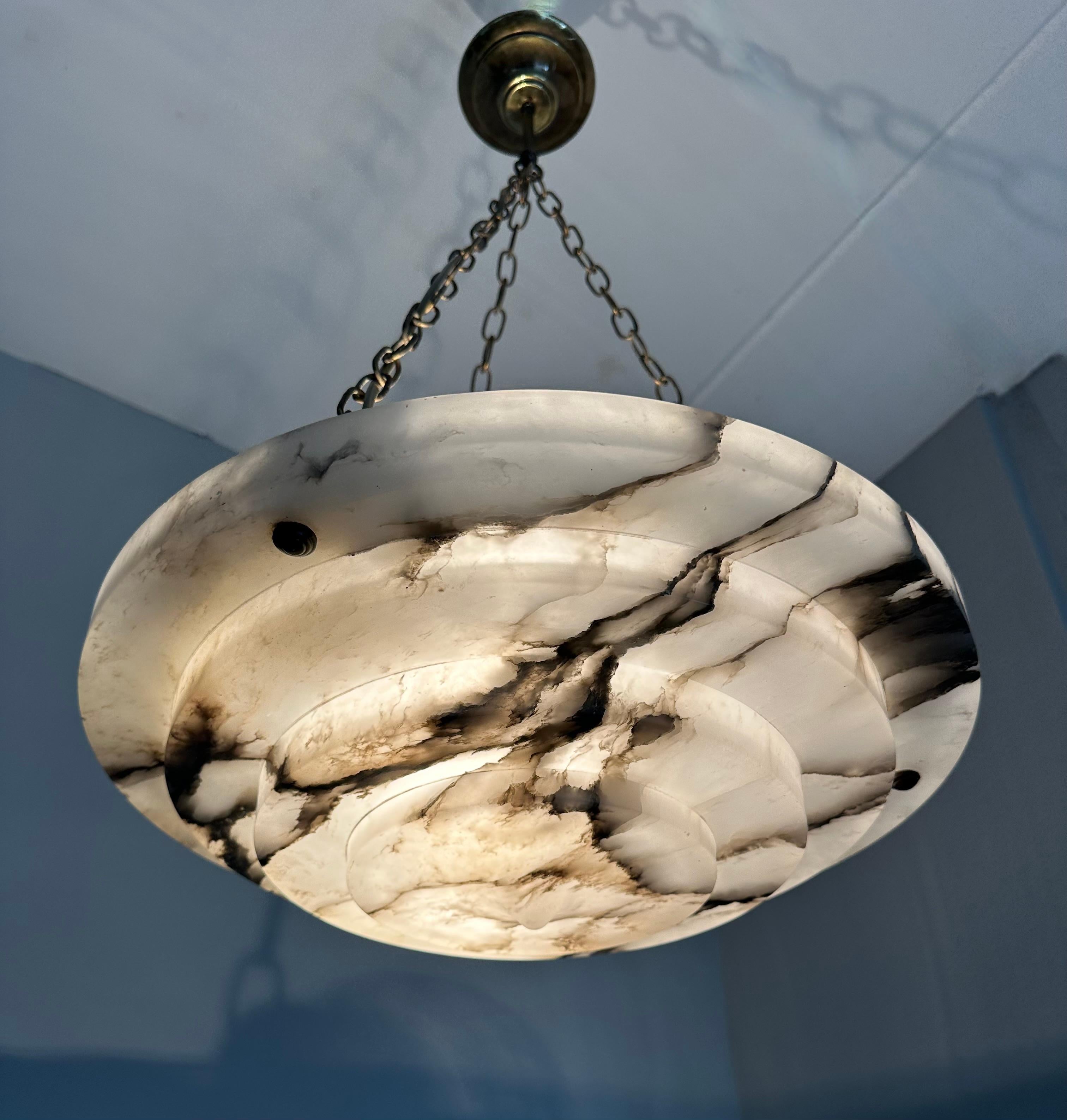 Hand-Carved Large & Pure Art Deco Four Layered White & Black Veins Alabaster Pendant Light  For Sale