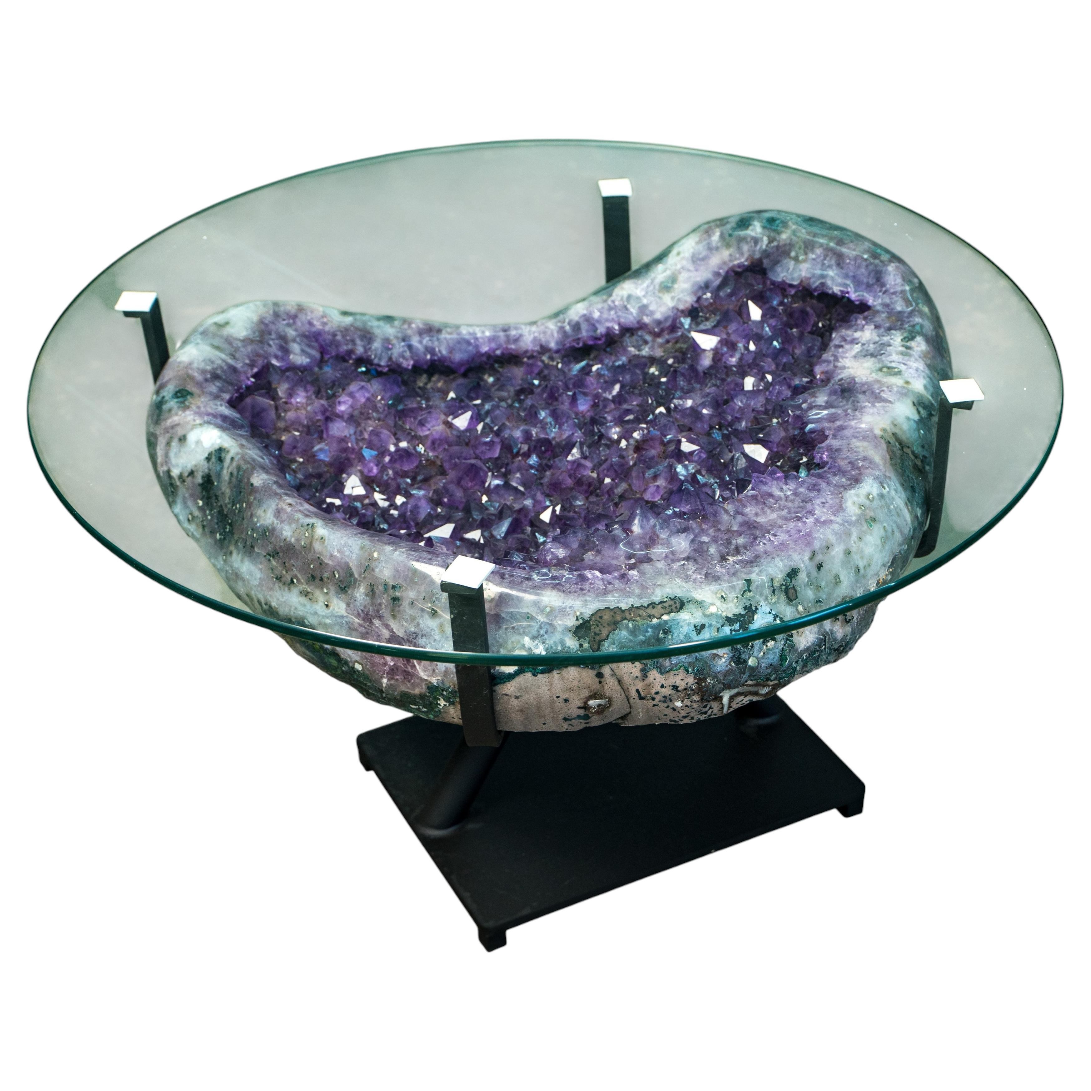 Large Purple Amethyst Agate Geode Coffee Table with Custom Metallic Base