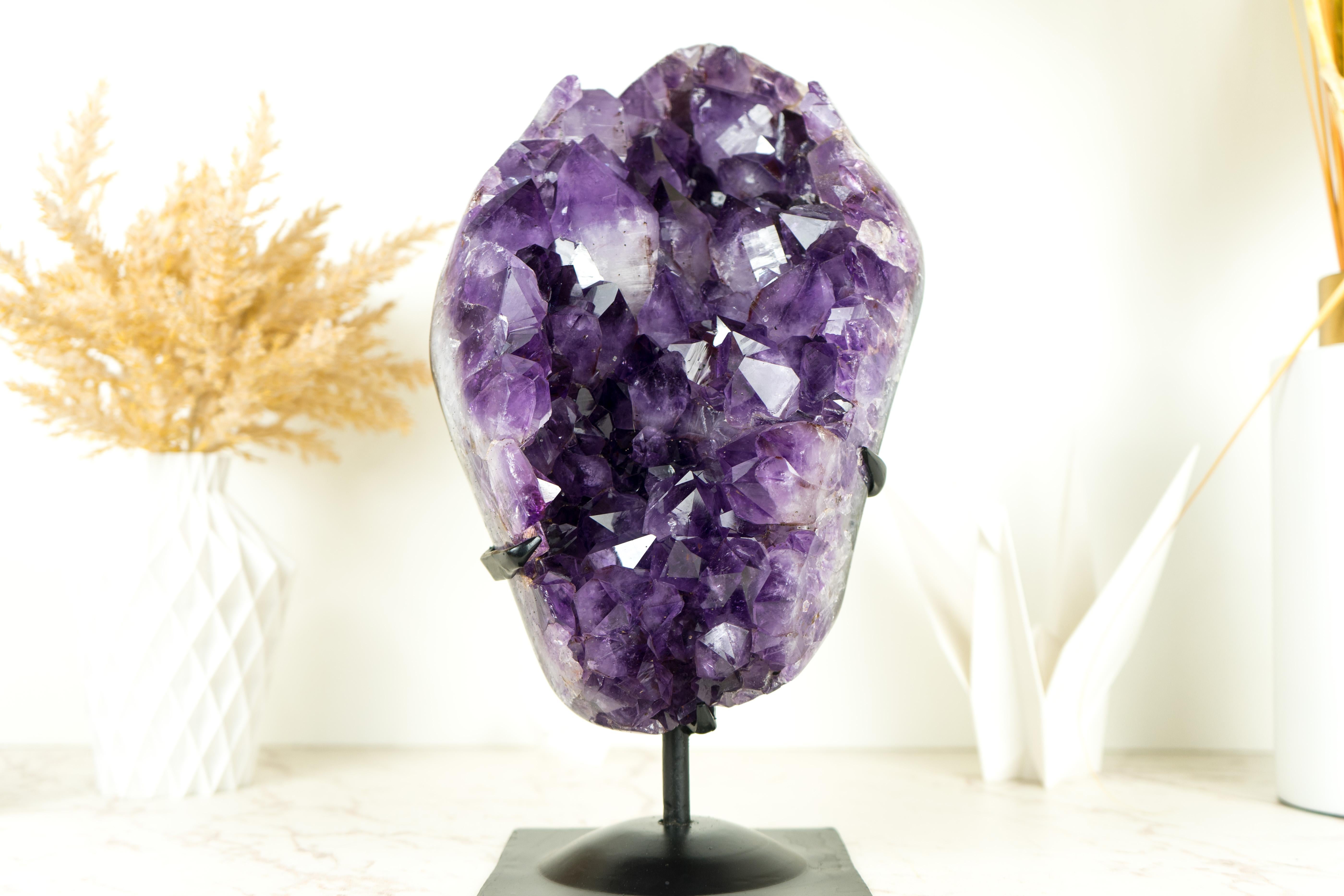 Beautifully formed, with large and unique grown Amethyst Points, this Amethyst cluster delights us with its deep dark tone of purple and the many shiny, intact, beautifully formed Amethyst Points. A centerpiece to adorn a world-class crystal