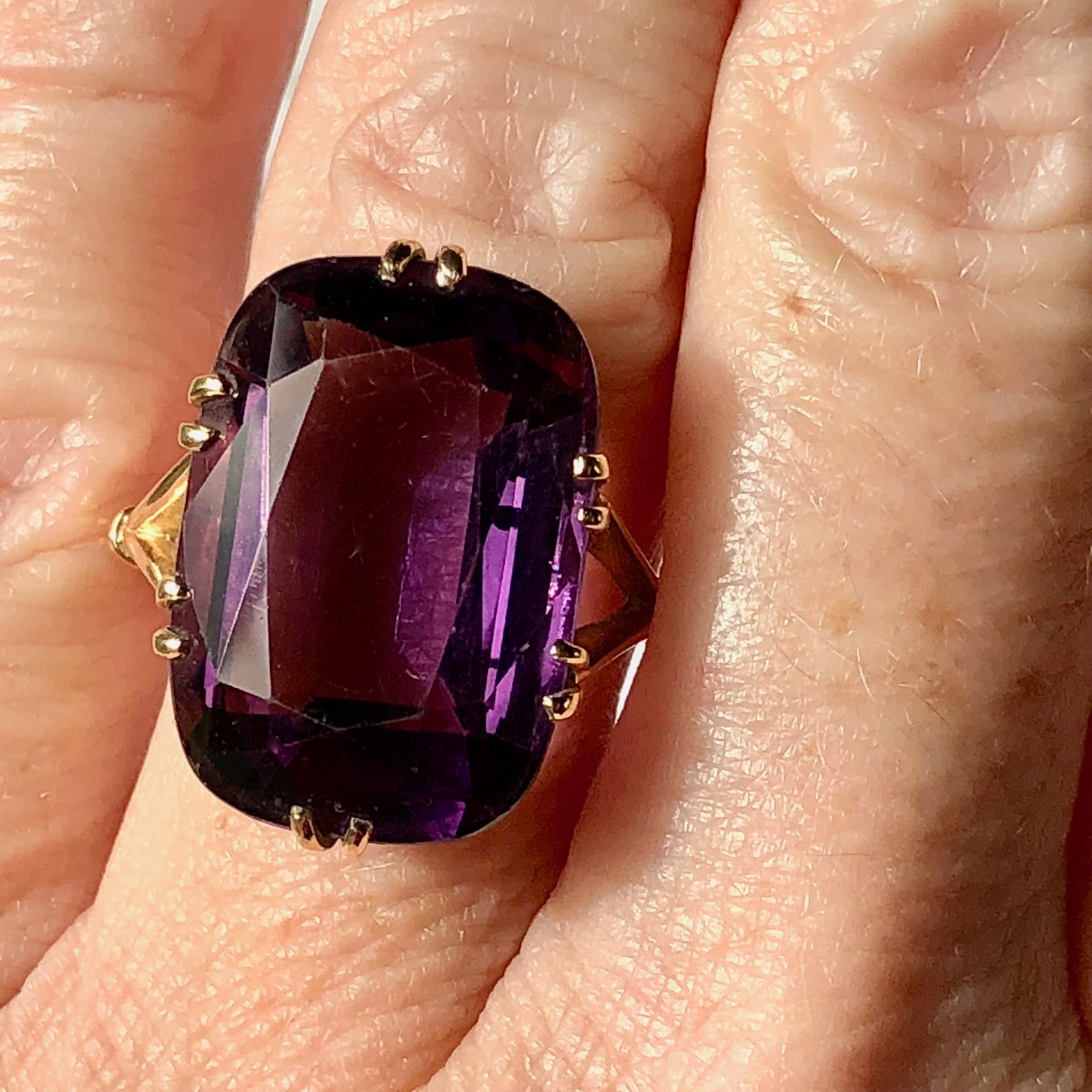 Large Purple Amethyst Cushion Cut Vintage Yellow Gold Ring Approx 21cts 1