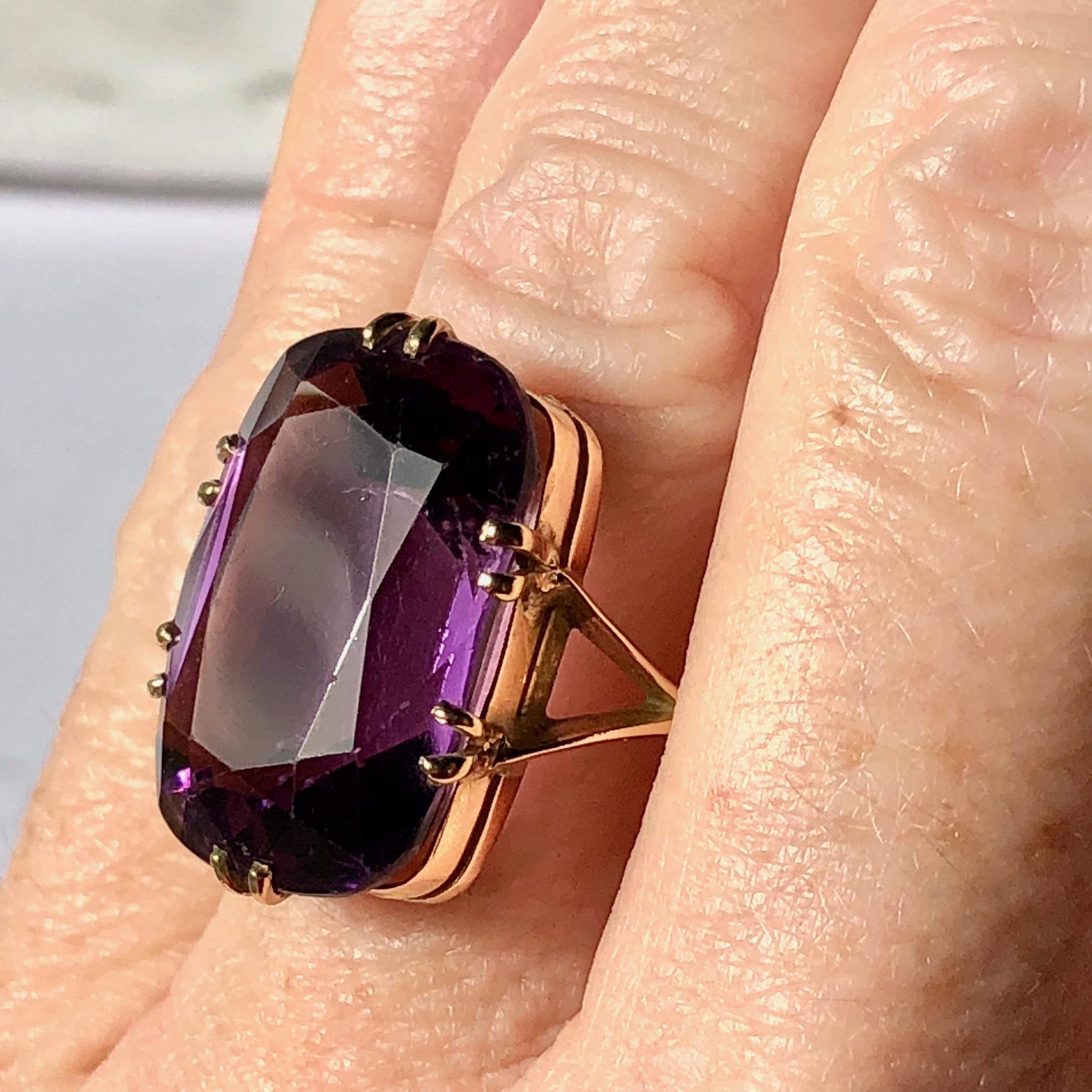 Large Purple Amethyst Cushion Cut Vintage Yellow Gold Ring Approx 21cts 2