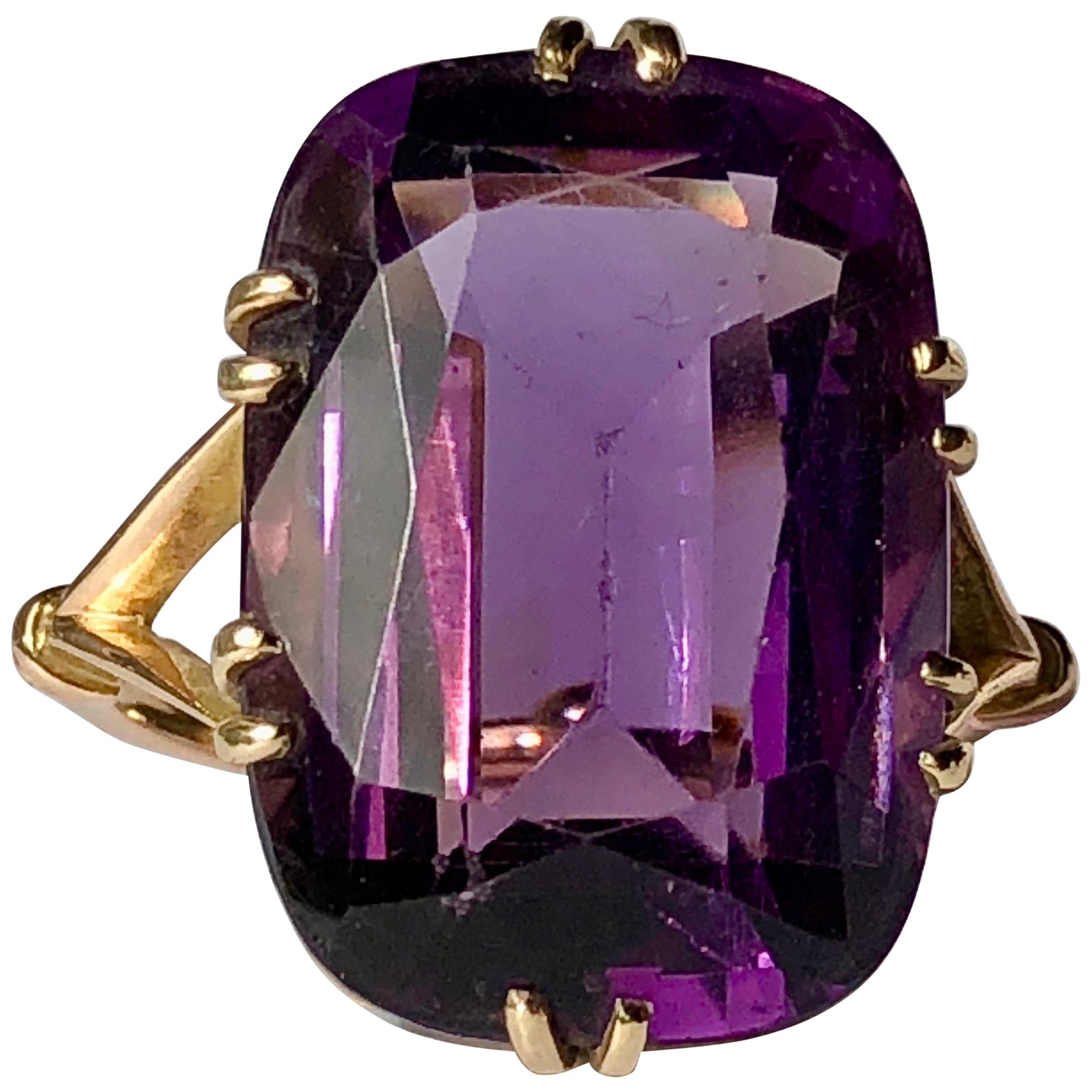 Large Purple Amethyst Cushion Cut Vintage Yellow Gold Ring Approx 21cts