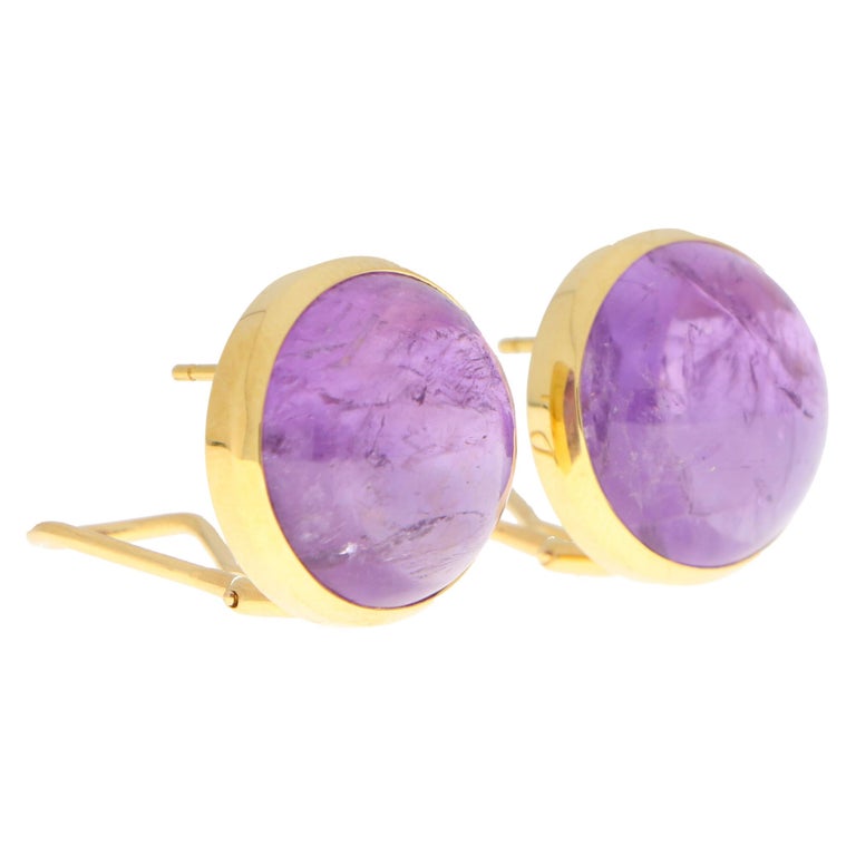 Cabochon Large Purple Amethyst Dome Earrings Set in 18k Yellow Gold For Sale
