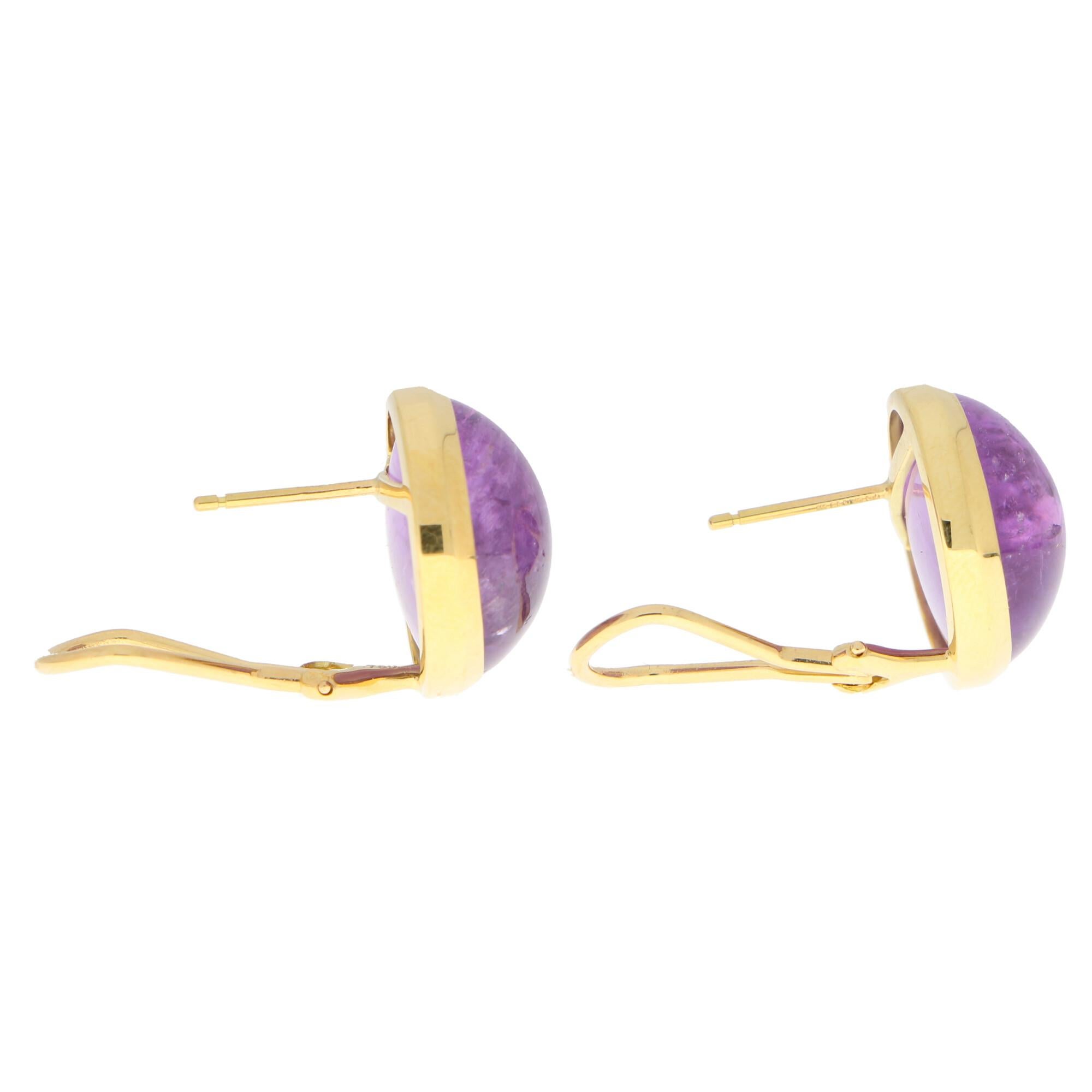 Retro Large Purple Amethyst Dome Earrings Set in 18k Yellow Gold