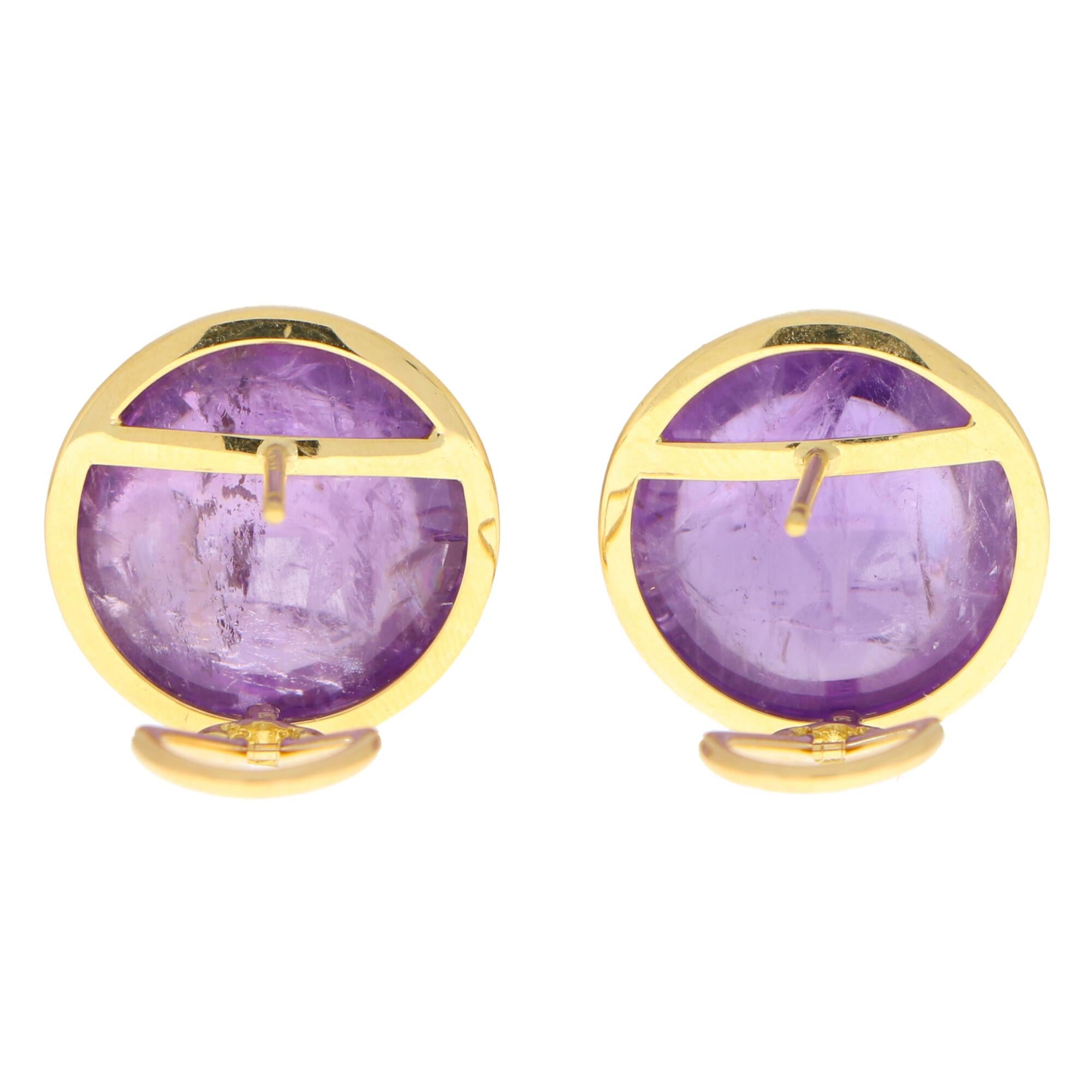 Cabochon Large Purple Amethyst Dome Earrings Set in 18k Yellow Gold