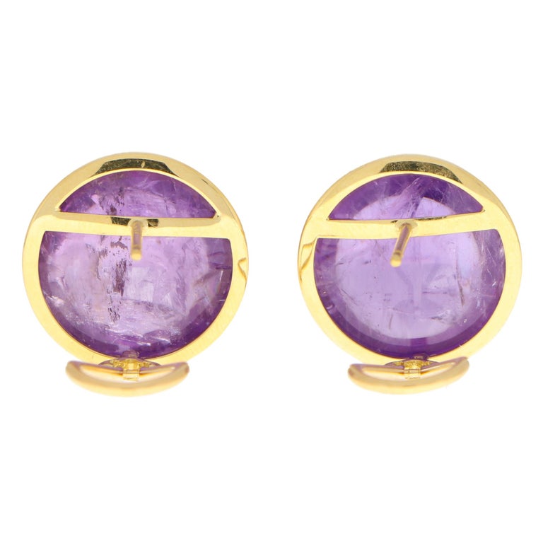 Women's or Men's Large Purple Amethyst Dome Earrings Set in 18k Yellow Gold For Sale