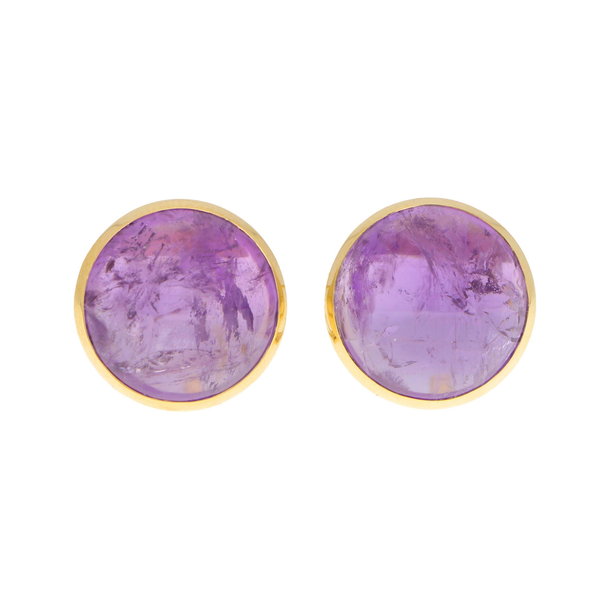 Large Purple Amethyst Dome Earrings Set in 18k Yellow Gold