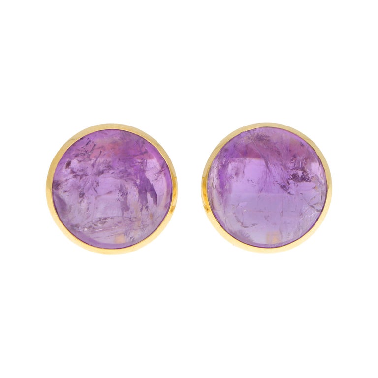 Large Purple Amethyst Dome Earrings Set in 18k Yellow Gold For Sale