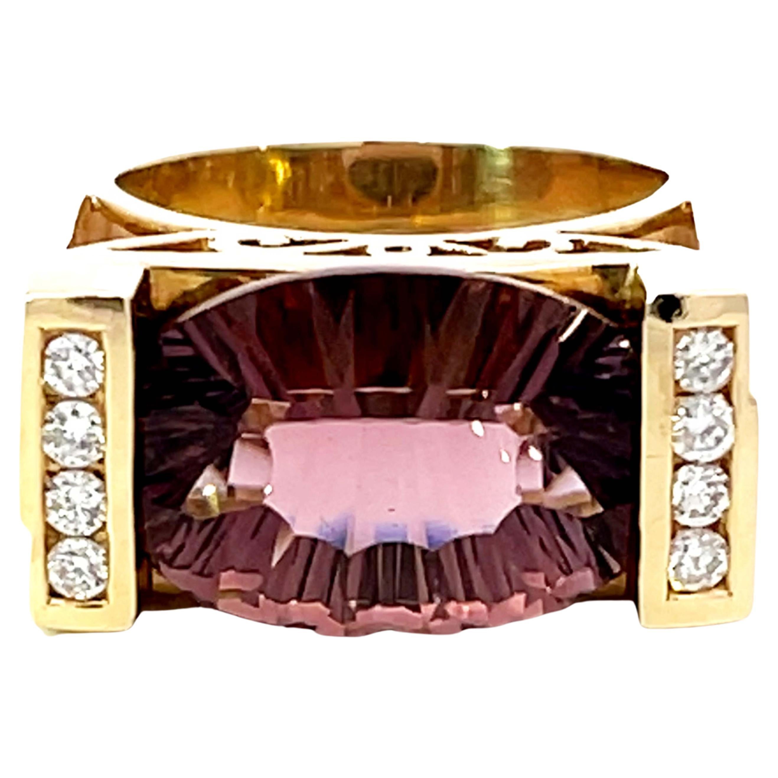 Grande bague en or jaune 14k avec amétrine violette et diamant