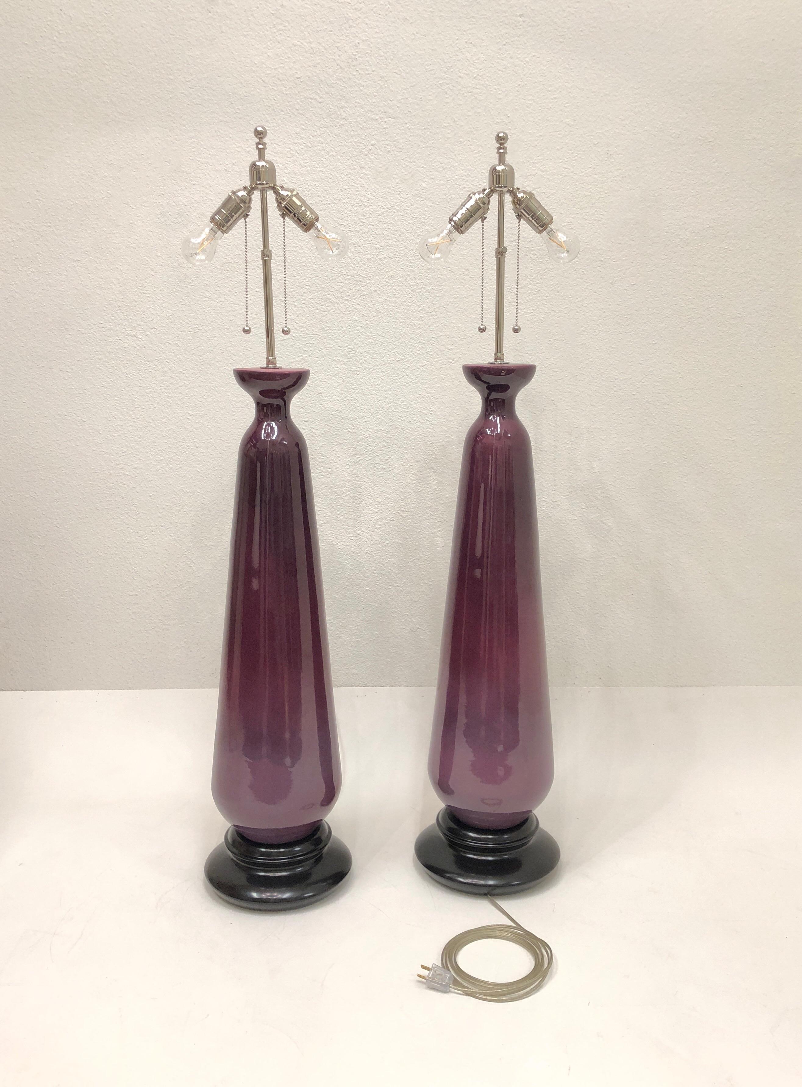 Mid-Century Modern Large Purple Glazed Ceramic and Nickel Pair of Table Lamps For Sale