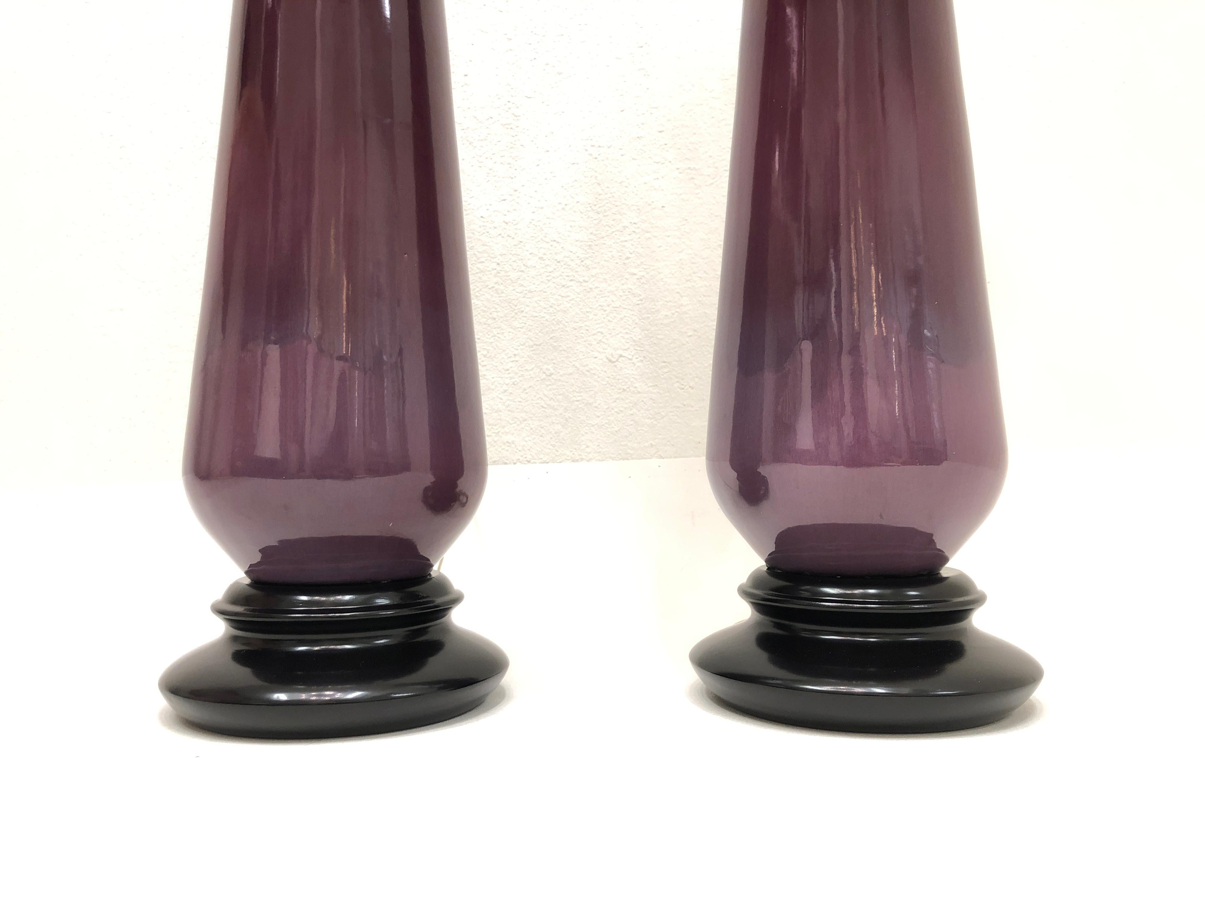 American Large Purple Glazed Ceramic and Nickel Pair of Table Lamps For Sale