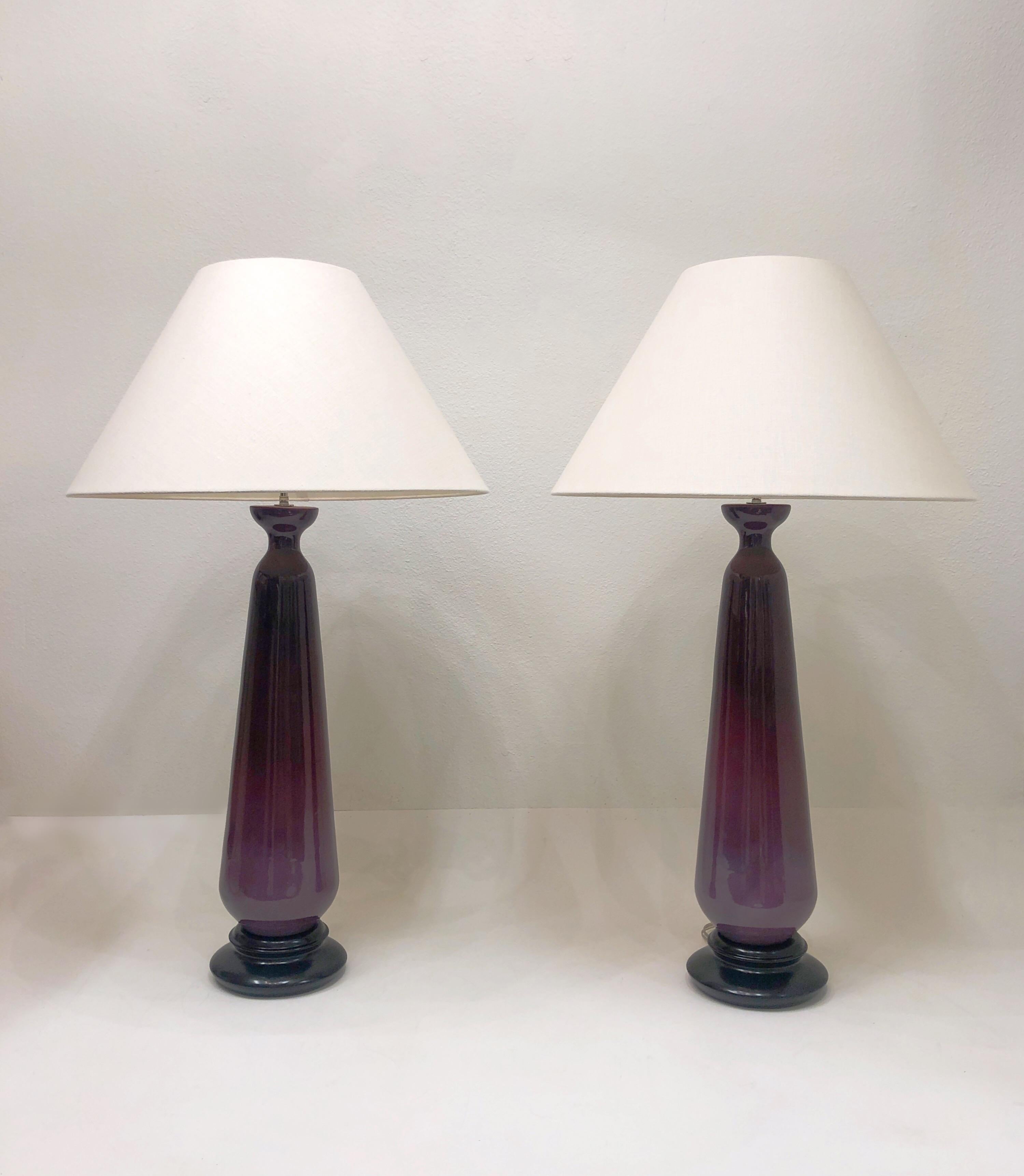 Polished Large Purple Glazed Ceramic and Nickel Pair of Table Lamps For Sale