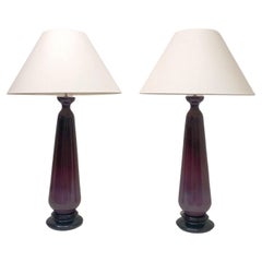 Large Purple Glazed Ceramic and Nickel Pair of Table Lamps