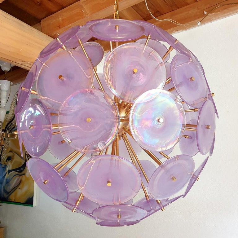 Italian Purple Mid Century Modern Murano Sputnik Disc Chandelier Vistosi Style  For Sale