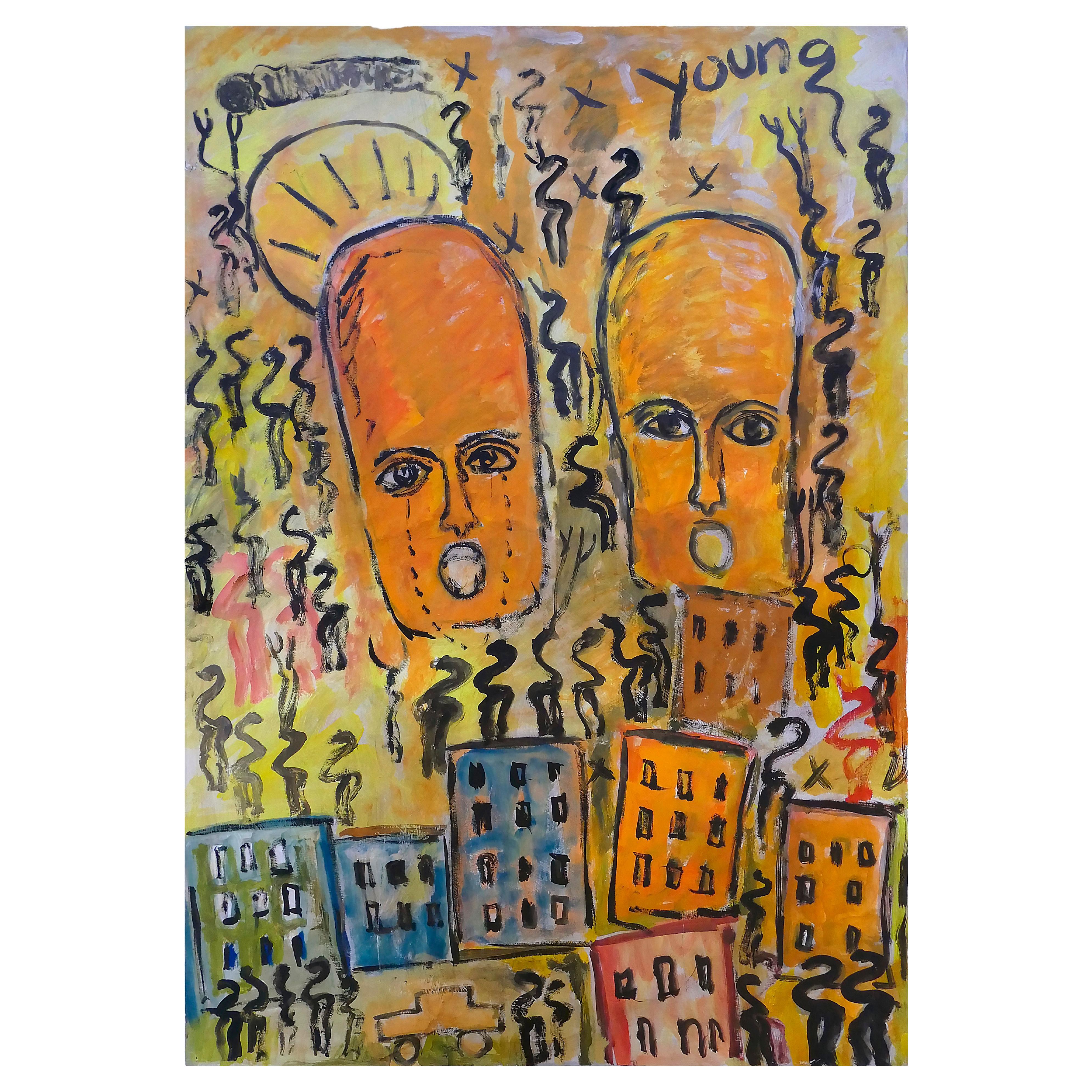Grande dipinto astratto di Outsider Folk Art di Purvis Young su tavola, con attribuzione di Purvis Young
