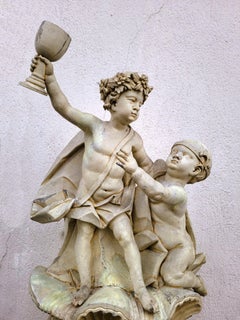 Large Putti Sculpture In Lacquered Wood, Italy, 19th Century